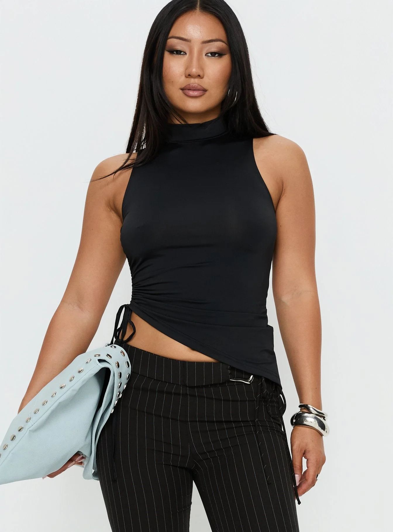 Saveria Tie Detail High Neck Top Black - Image 2