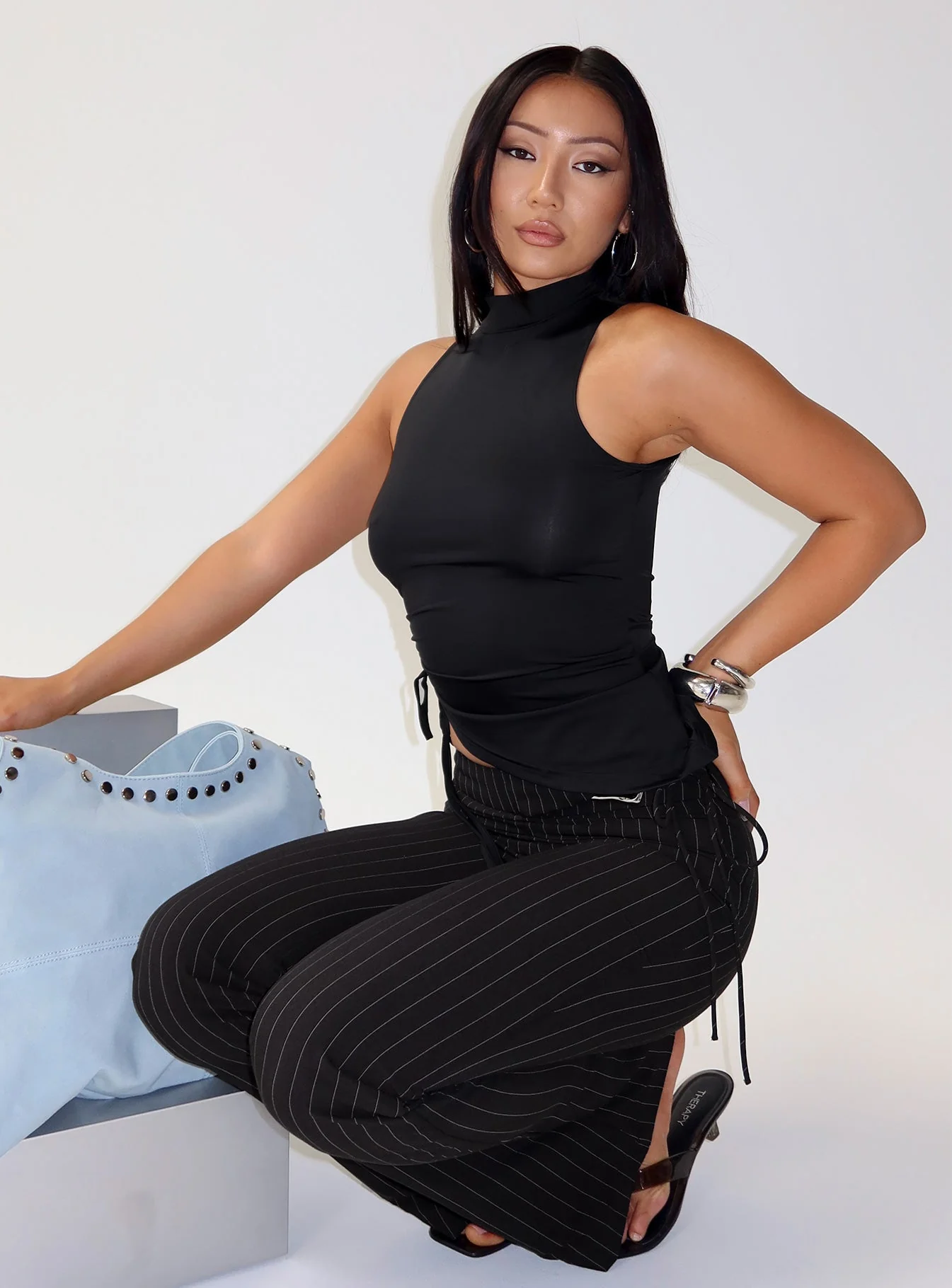 Saveria Tie Detail High Neck Top Black - Image 8