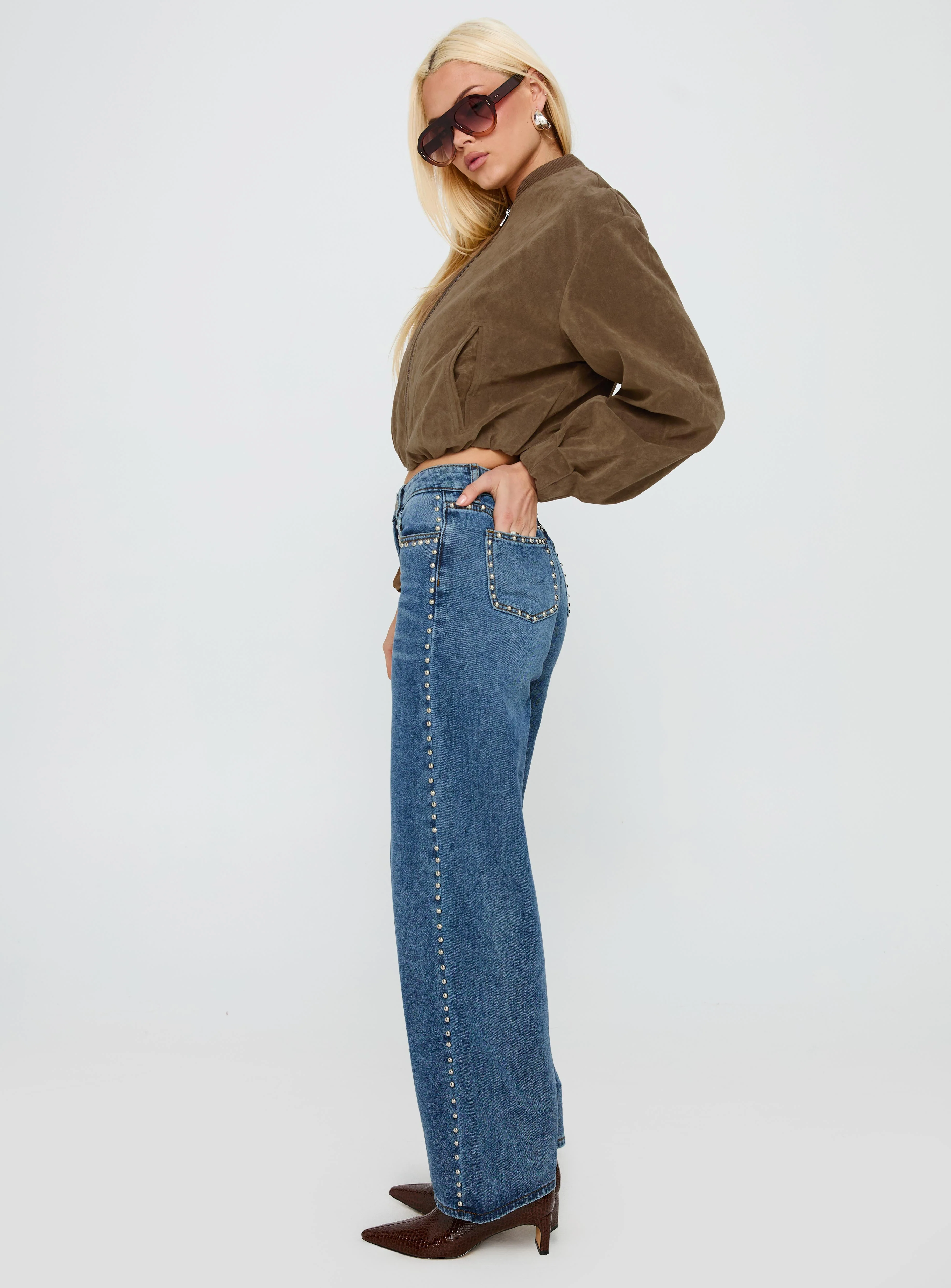 Saving Up Mid Rise Straight Leg Studded Jeans Mid Blue - Image 4