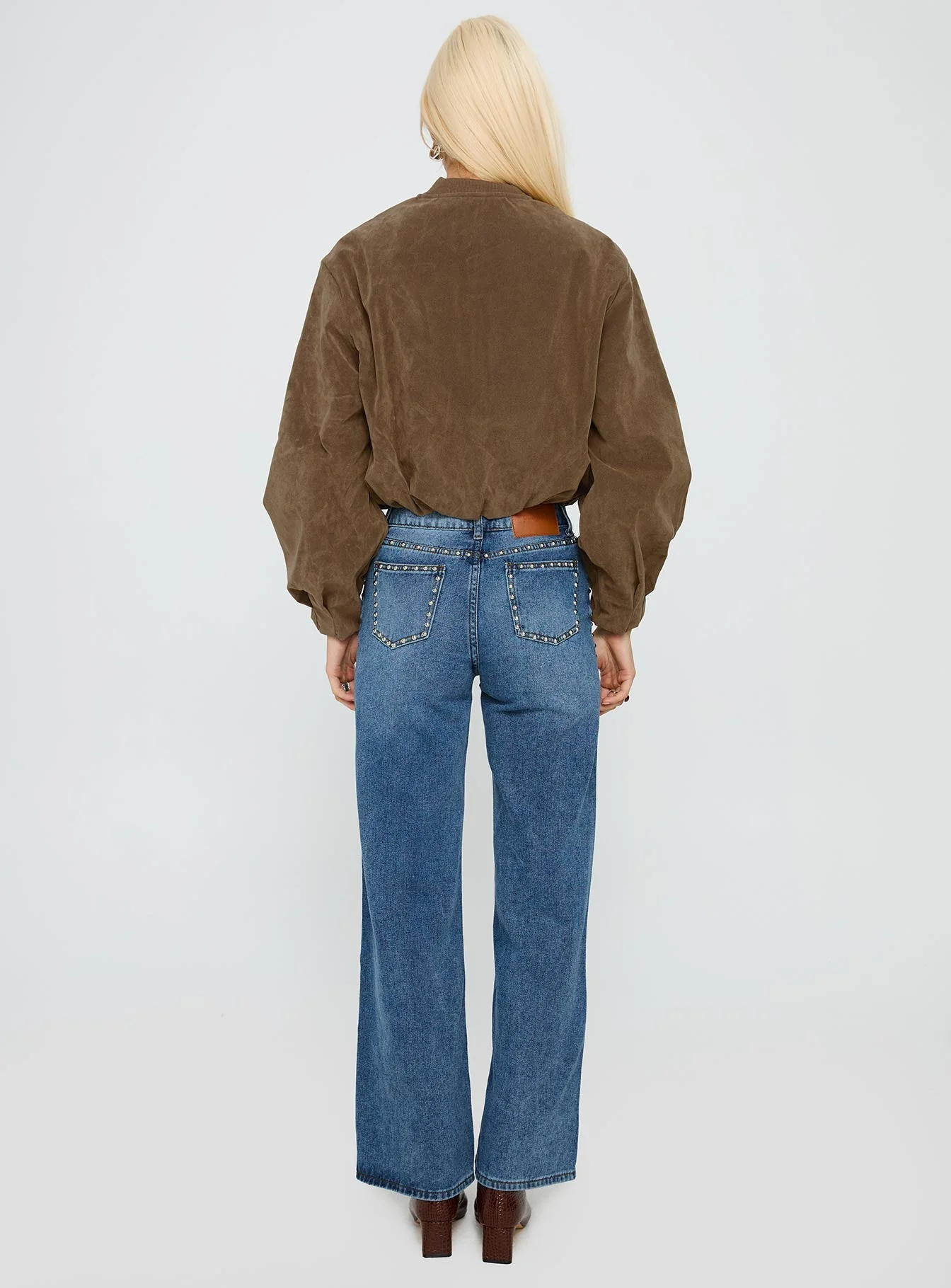 Saving Up Mid Rise Straight Leg Studded Jeans Mid Blue - Image 5