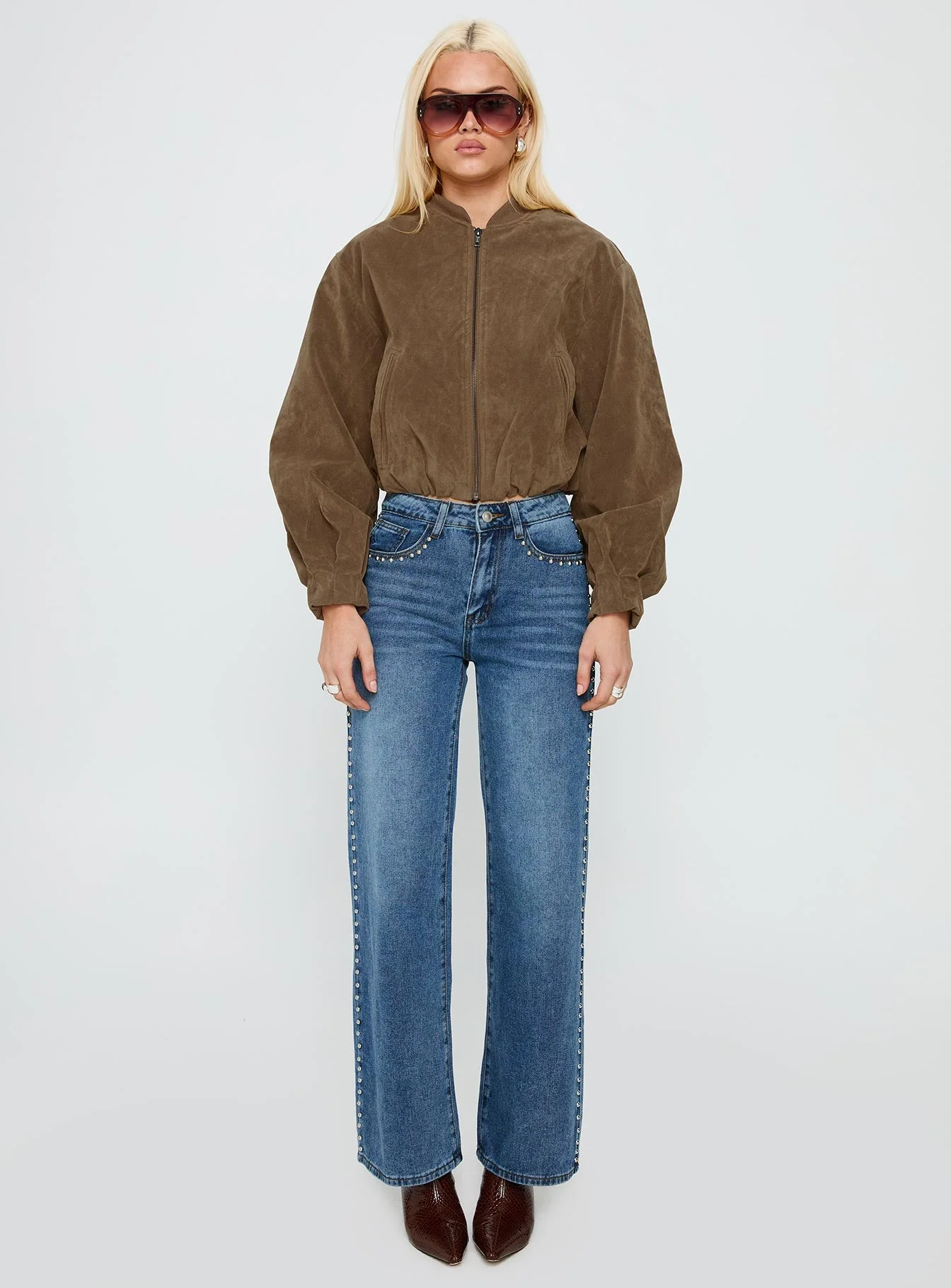 Saving Up Mid Rise Straight Leg Studded Jeans Mid Blue - Image 7