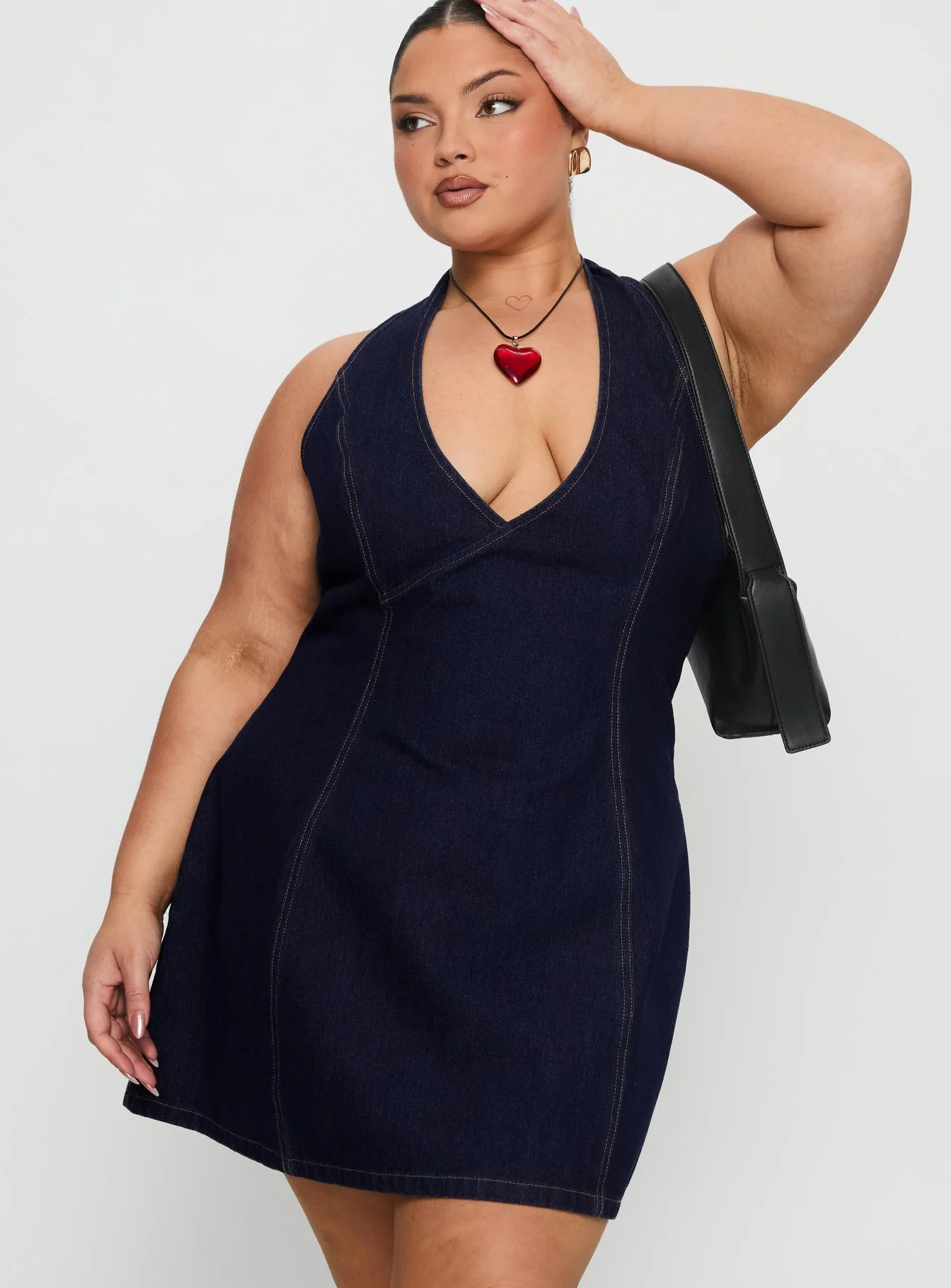 Say Goodnight Denim Halter Mini Dress Mid Wash Curve - Image 2