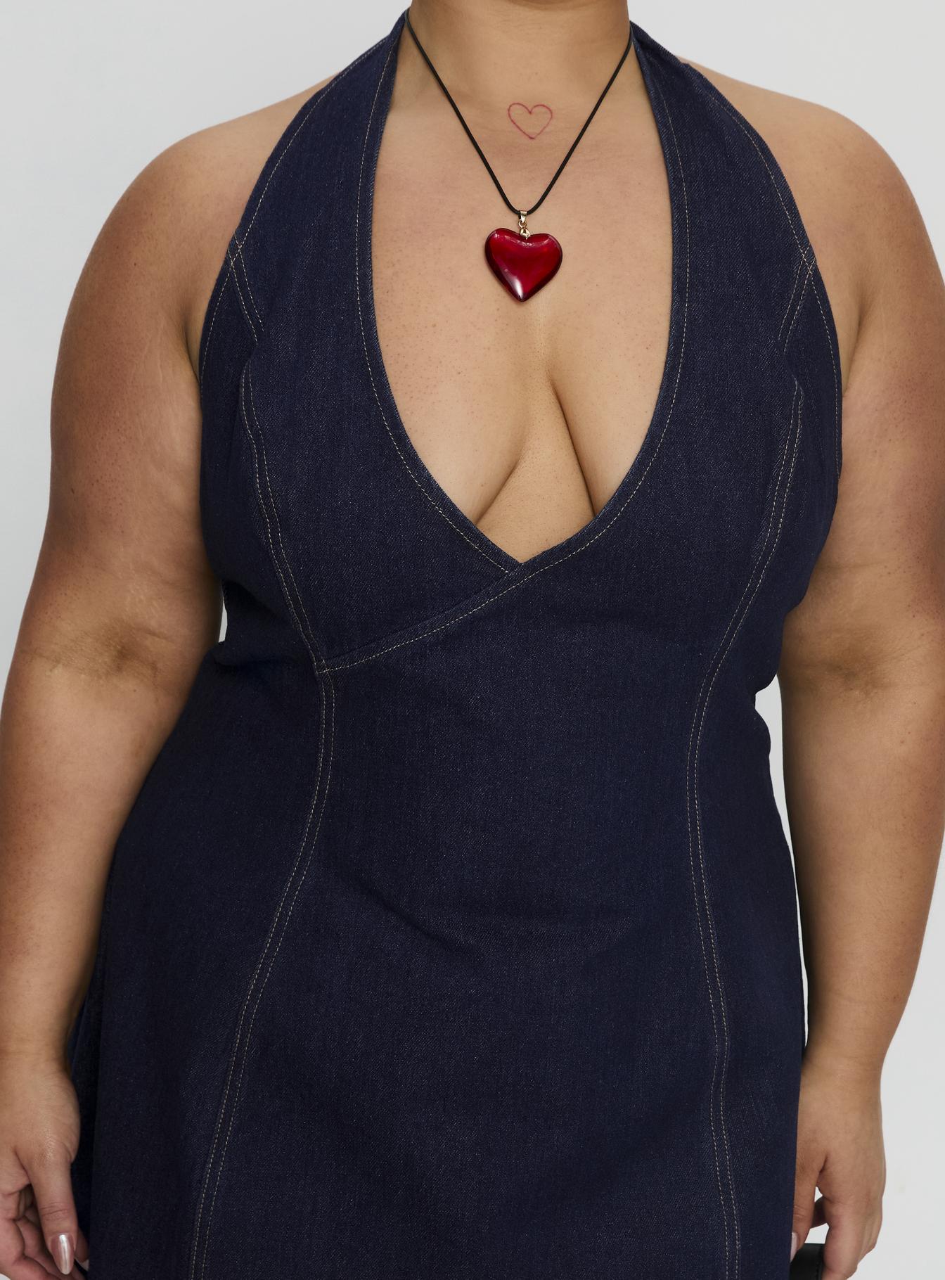 Say Goodnight Denim Halter Mini Dress Mid Wash Curve - Image 6