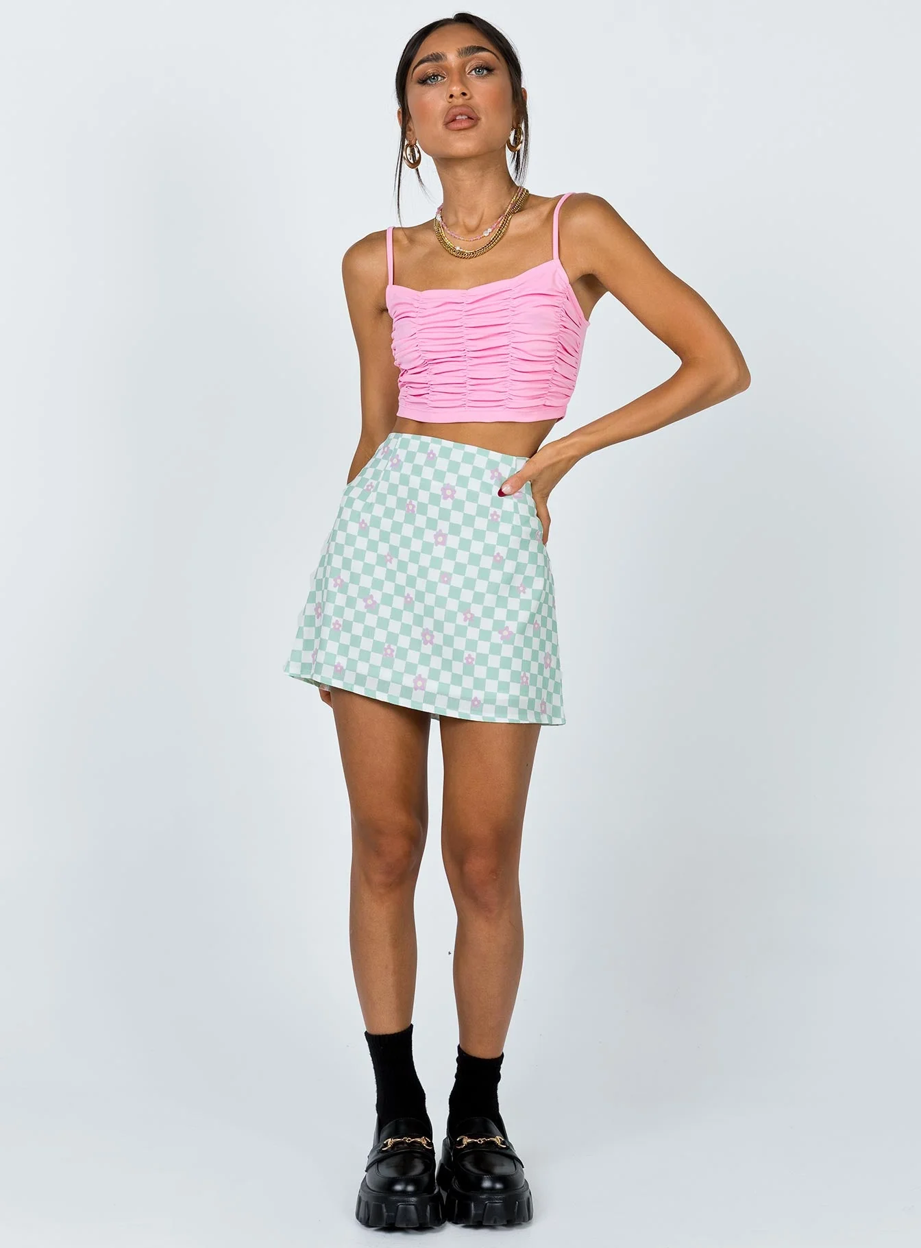 Selby Mini Skirt Green Floral Check - Image 3