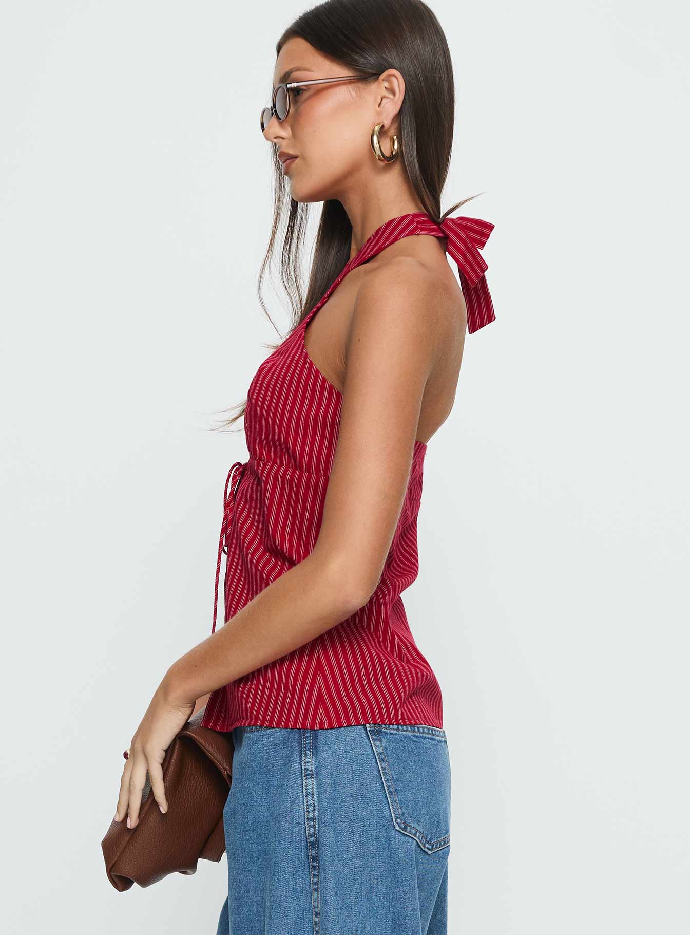 Sensational Cross Front Tie Detail Top Red Stripe - Image 3