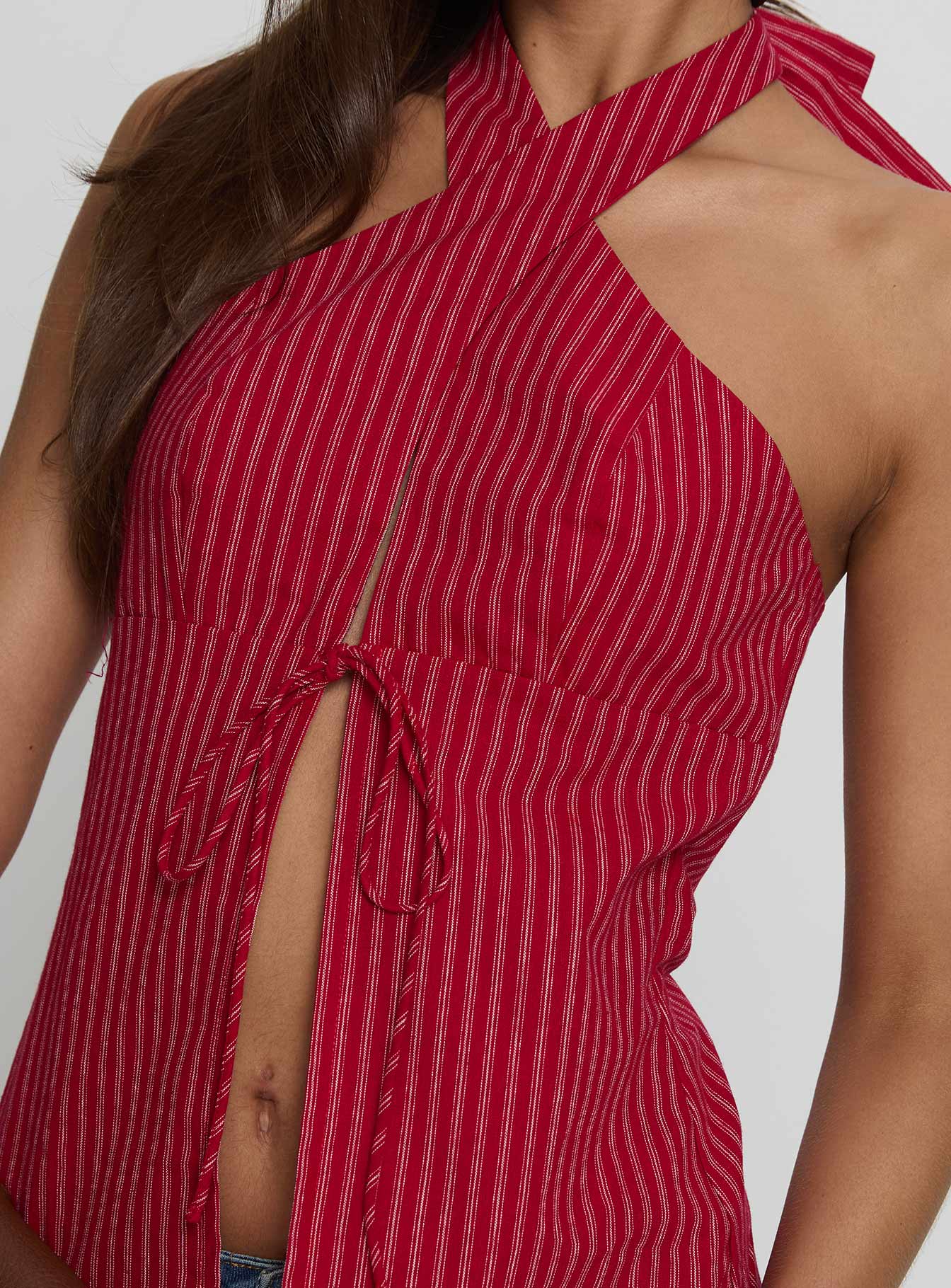Sensational Cross Front Tie Detail Top Red Stripe - Image 5