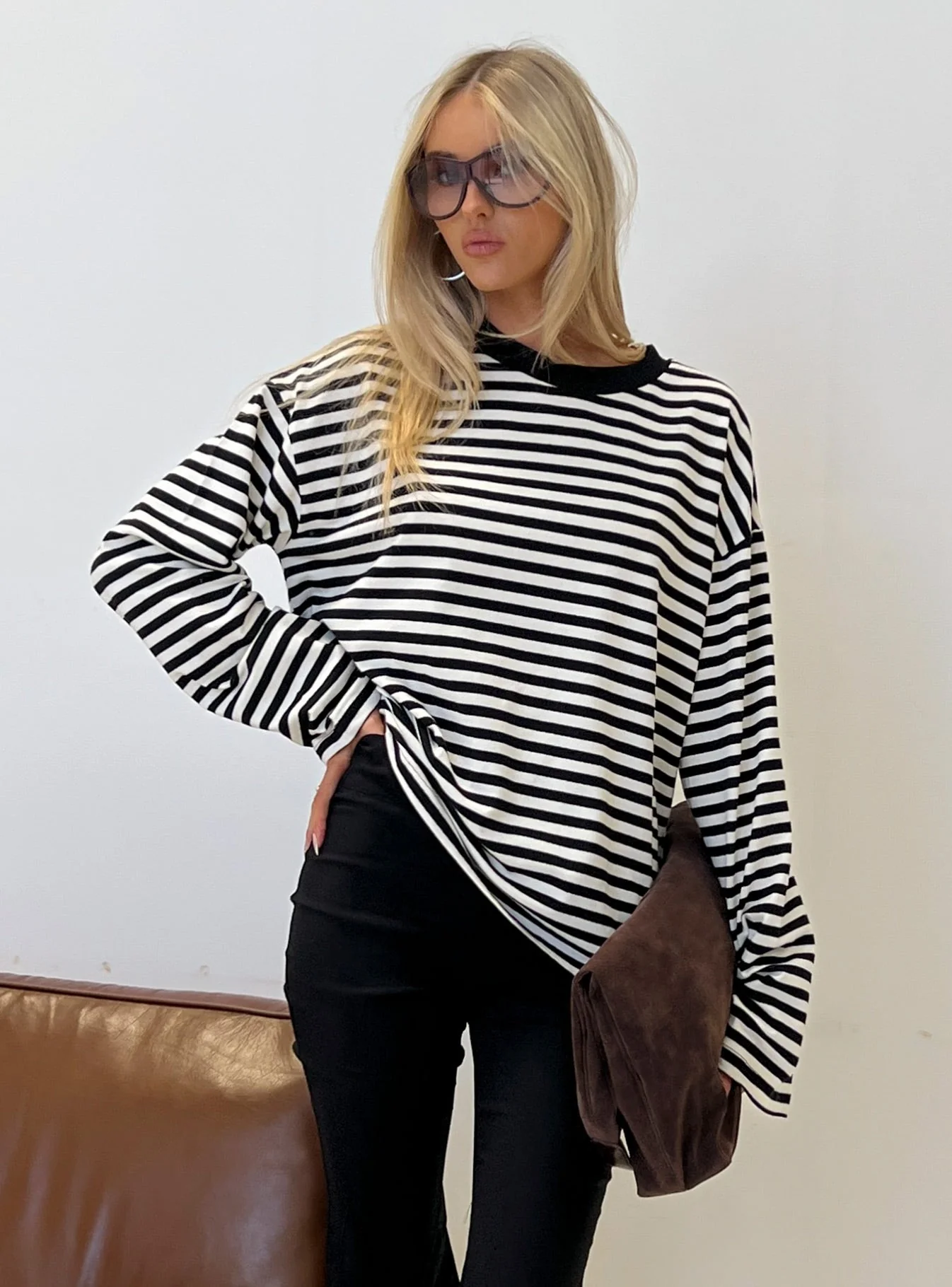 Settle Down Long Sleeve Top Black / White Stripe - Image 8