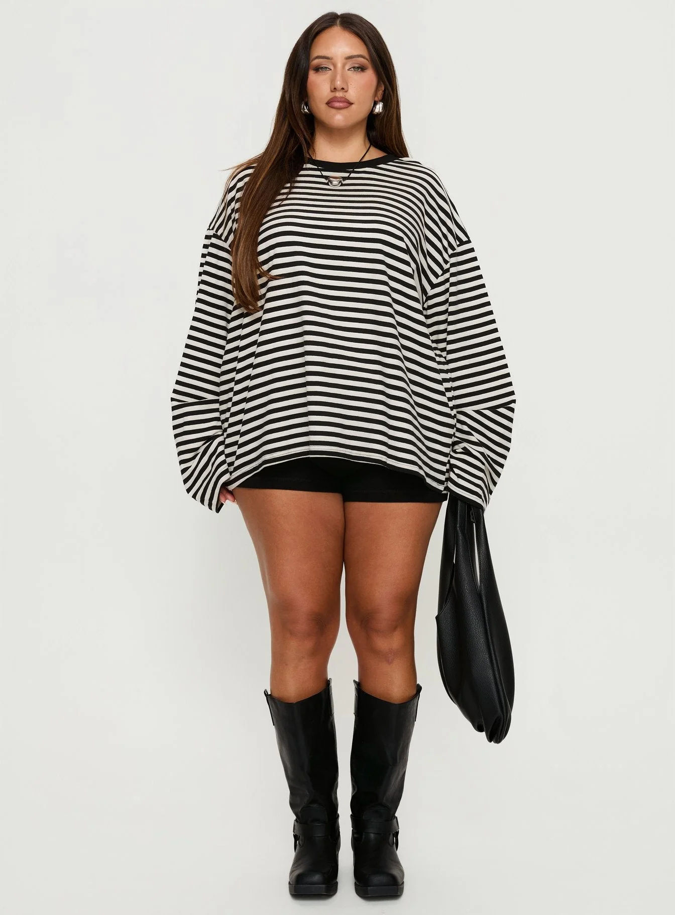 Settle Down Long Sleeve Top Black / White Stripe Curve - Image 7