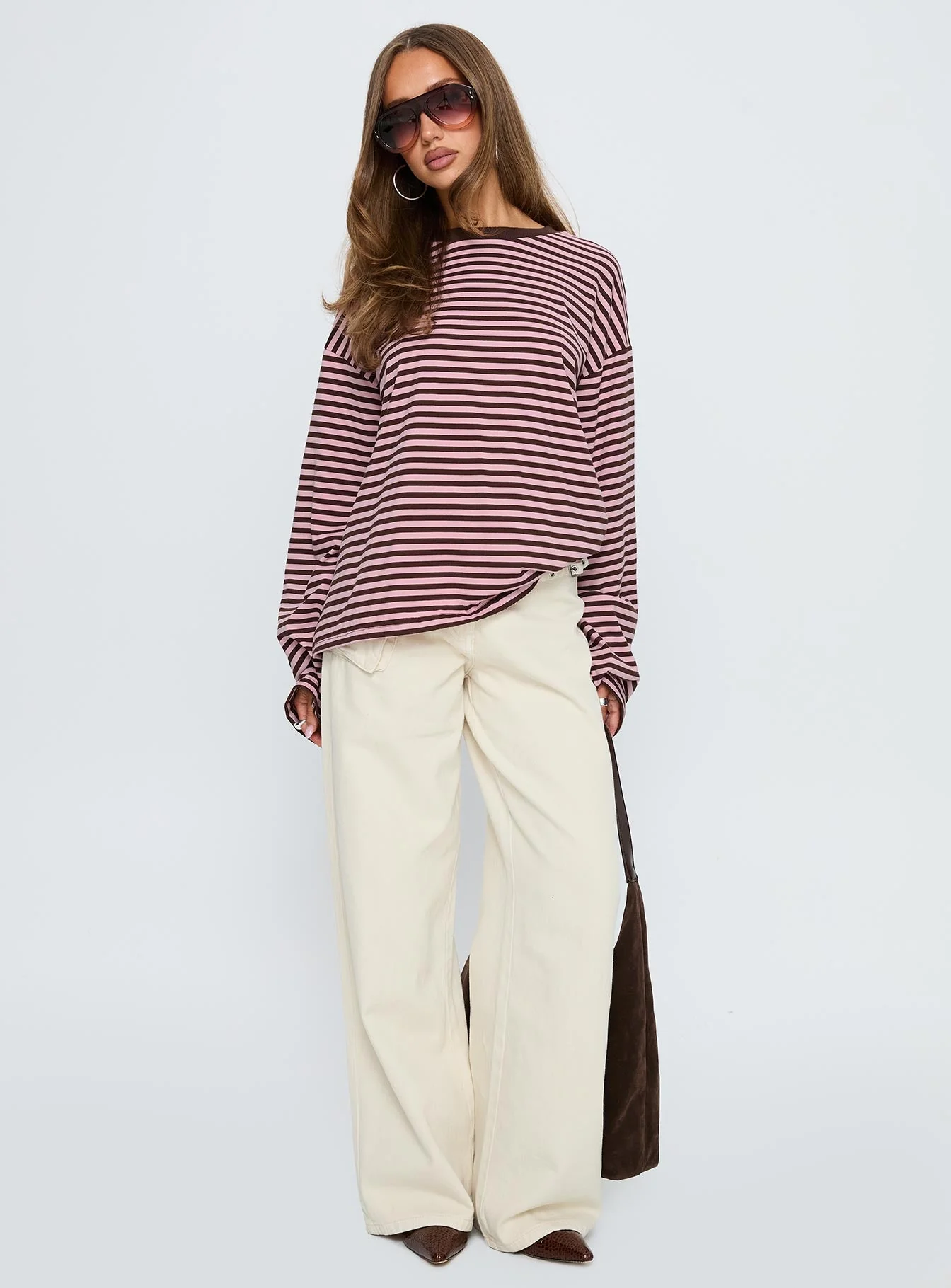 Settle Down Long Sleeve Top Pink / Brown Stripe - Image 3