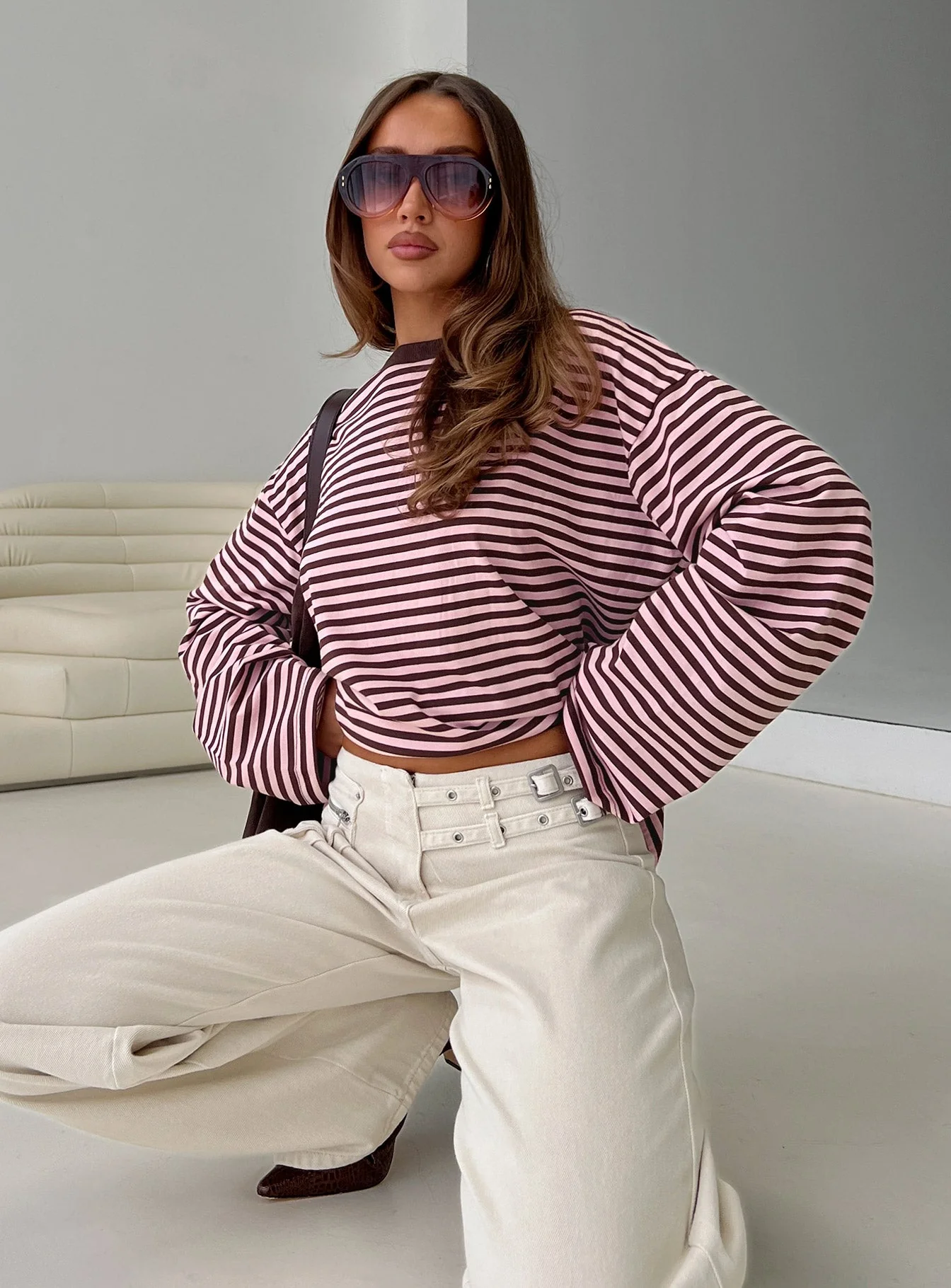 Settle Down Long Sleeve Top Pink / Brown Stripe - Image 9