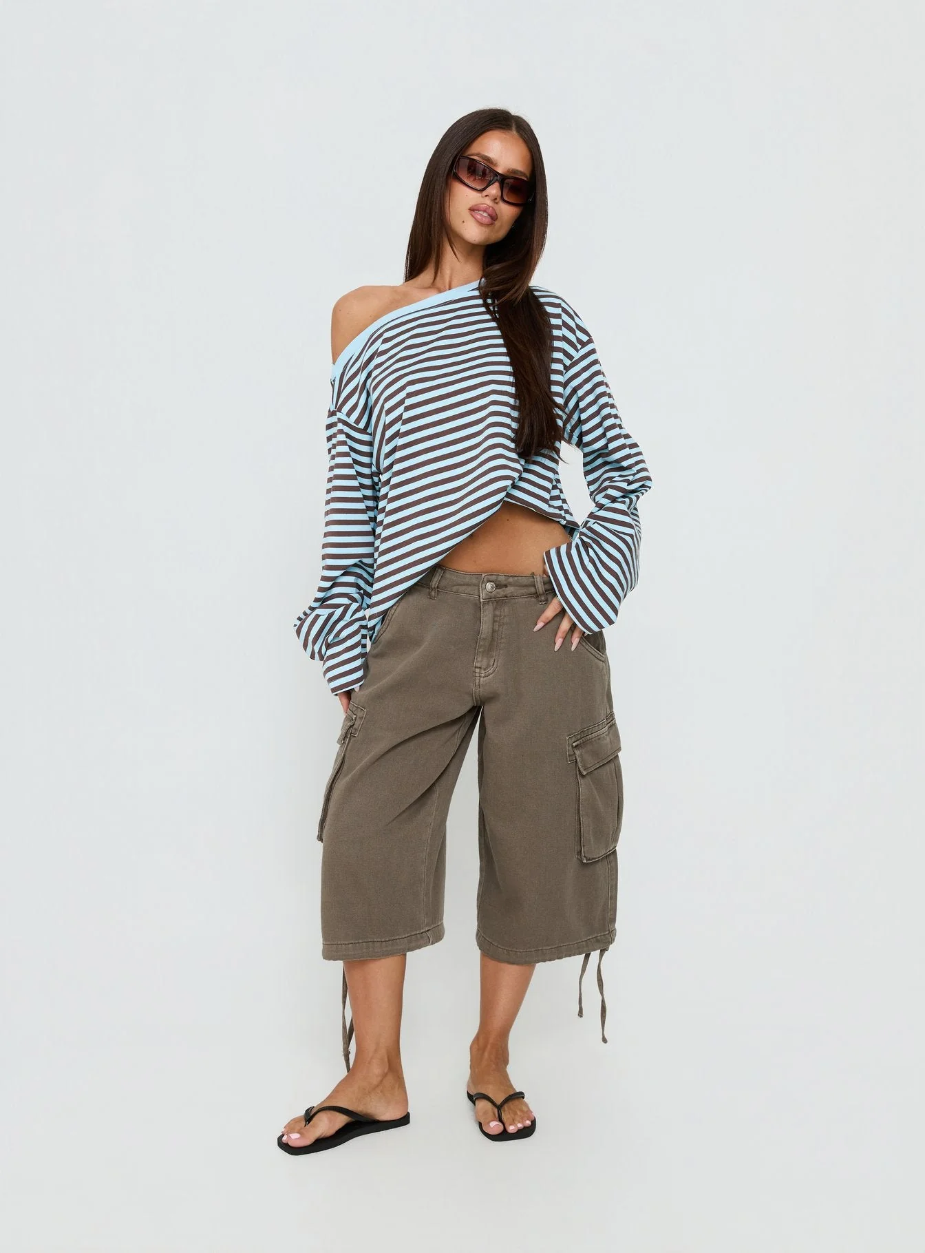 Settle Down One Shoulder Long Sleeve Top Chocolate / Blue Stripe - Image 3