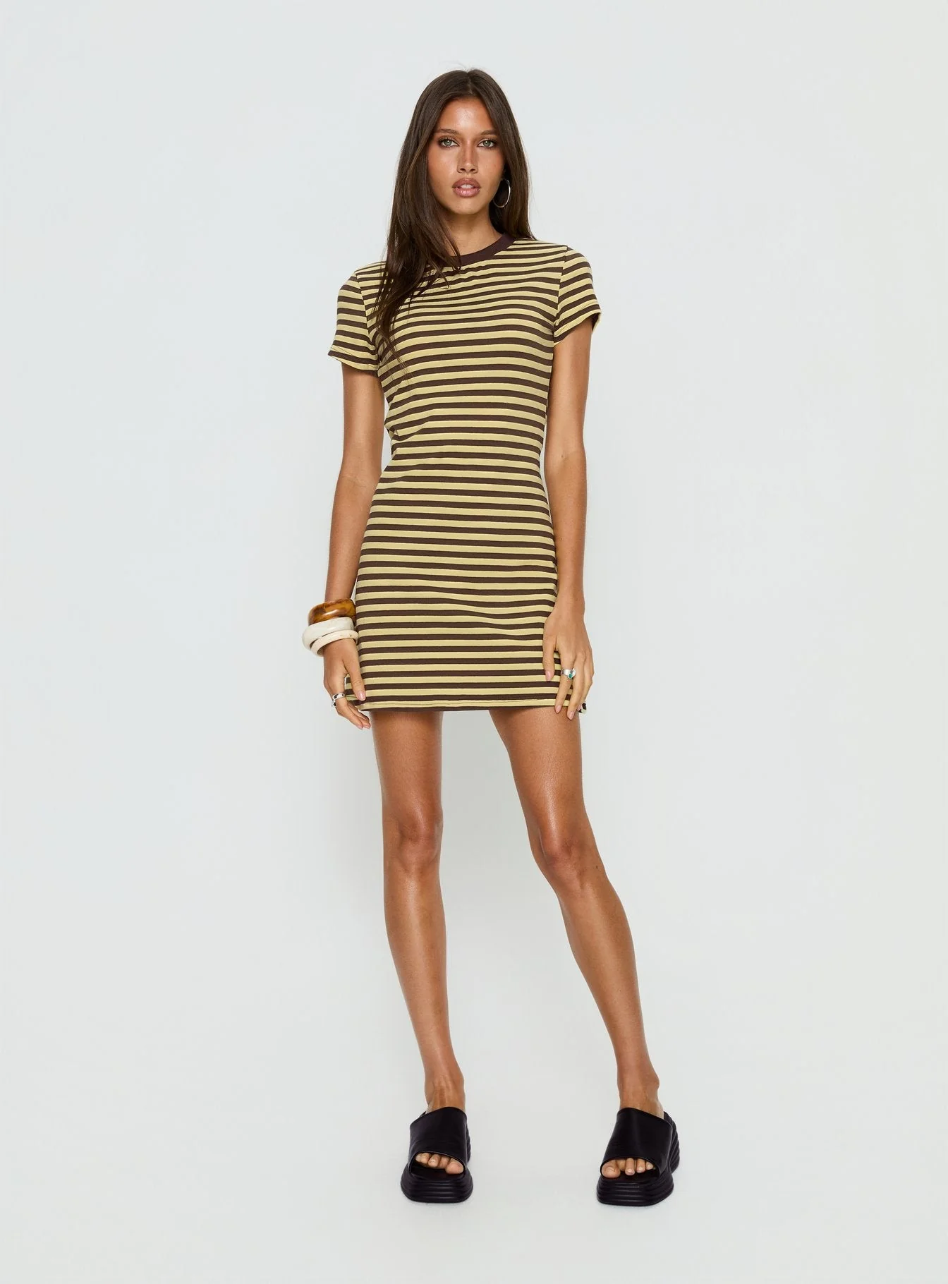 Settle Down Short Sleeve Mini Dress Yellow Stripe - Image 3