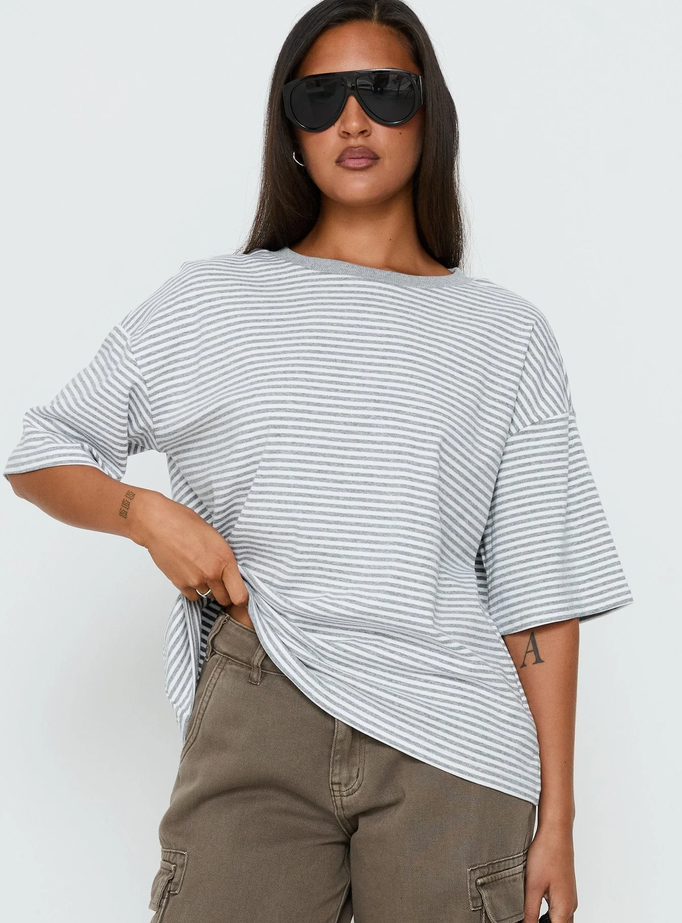 Settle Down Short Sleeve Top Grey / White Stripe - Image 2