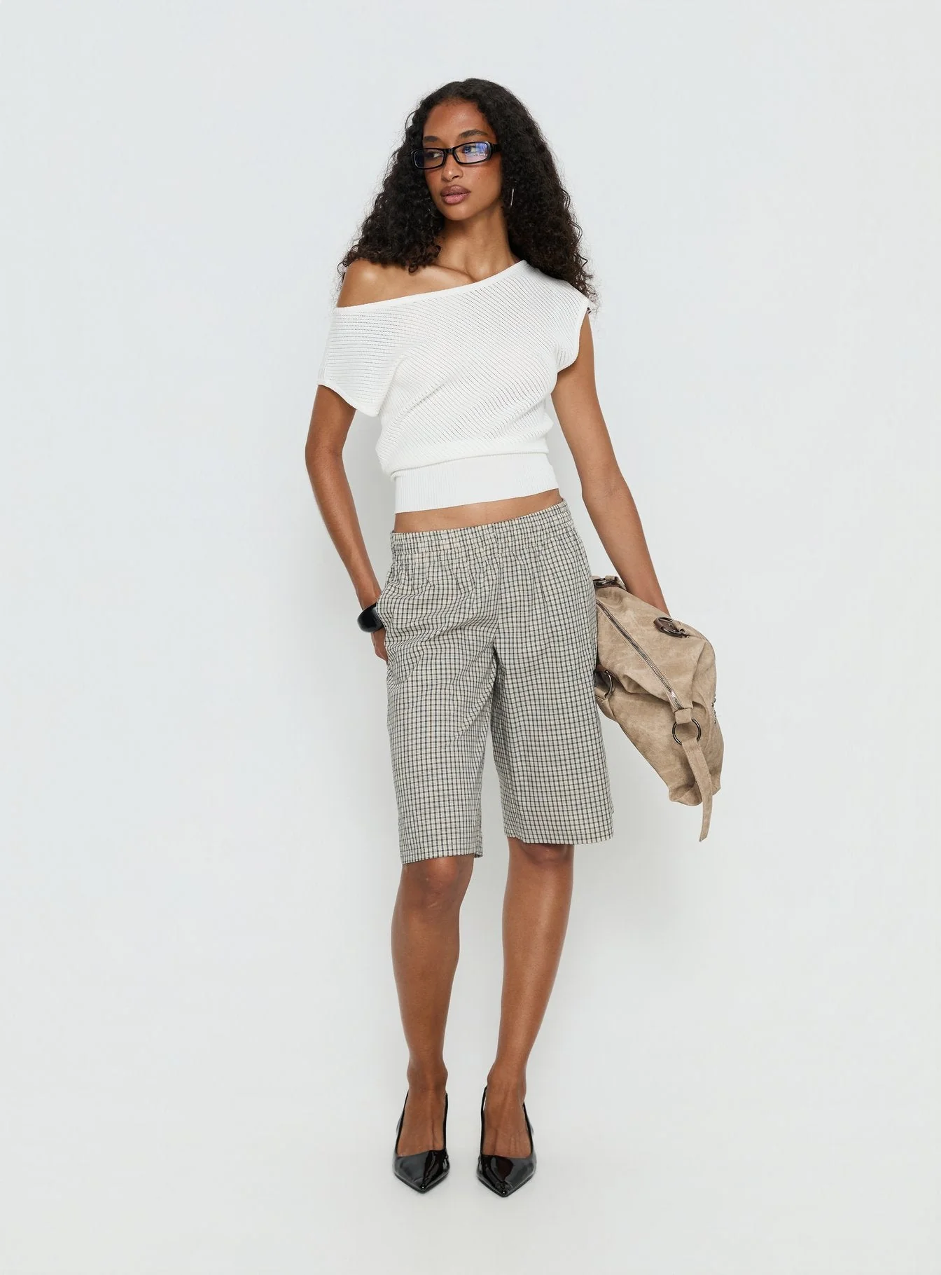Sevigney Long Elasticated Shorts Cream Check - Image 2