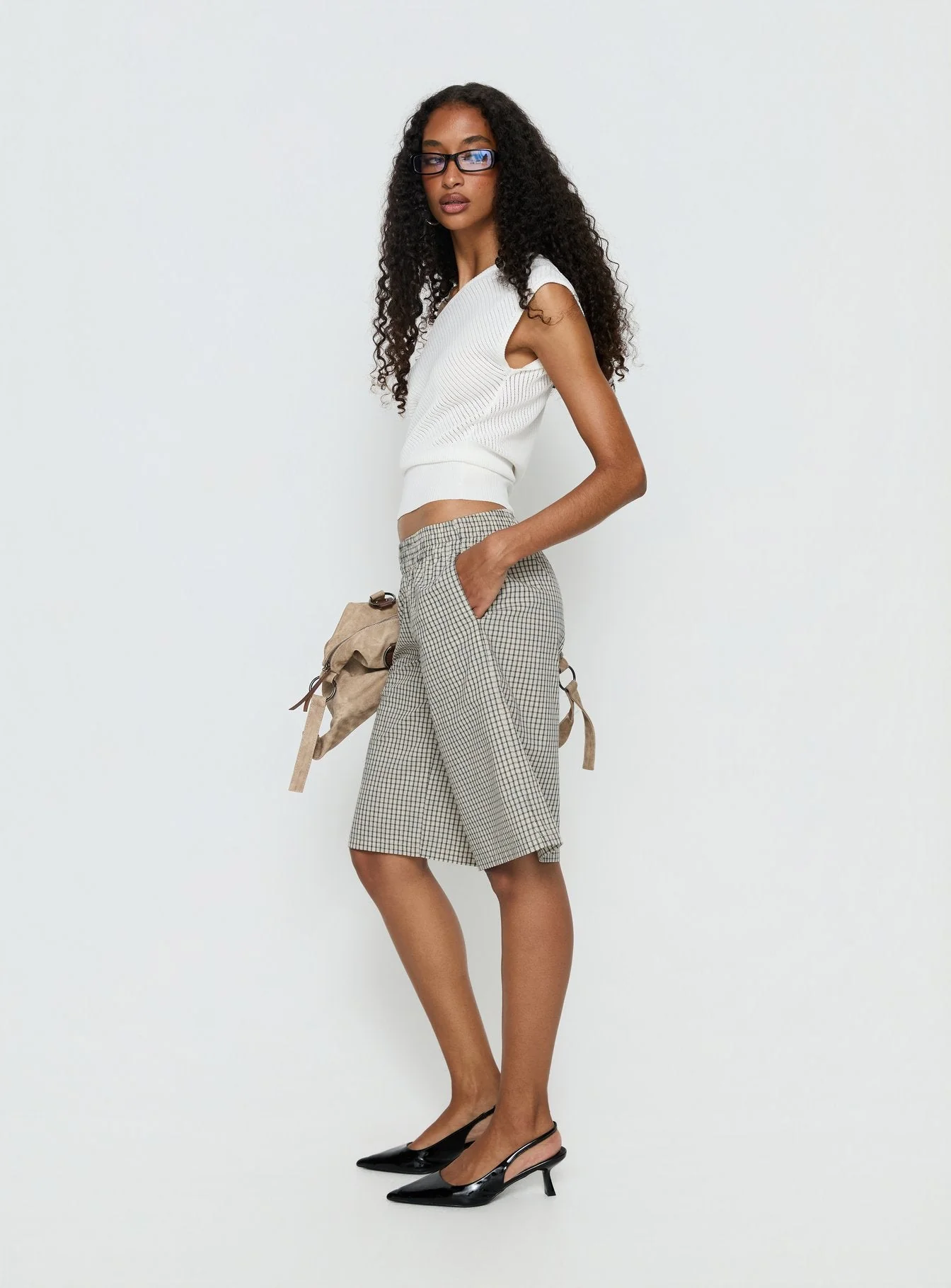 Sevigney Long Elasticated Shorts Cream Check - Image 4