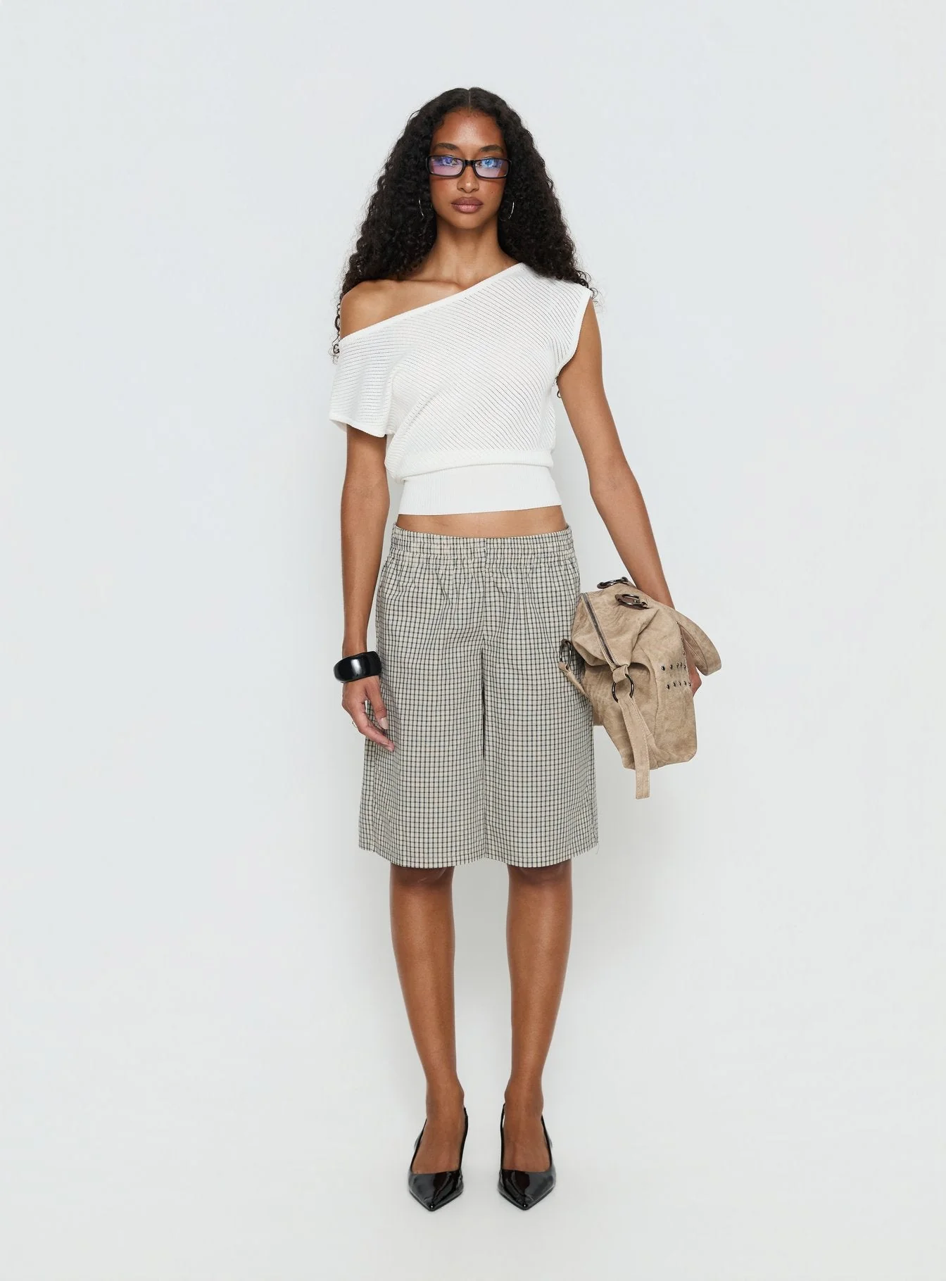 Sevigney Long Elasticated Shorts Cream Check - Image 7