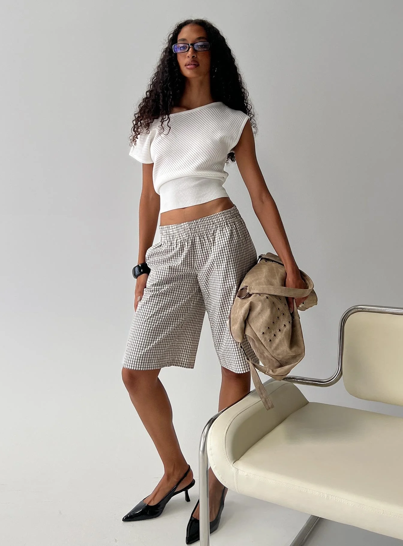 Sevigney Long Elasticated Shorts Cream Check - Image 8
