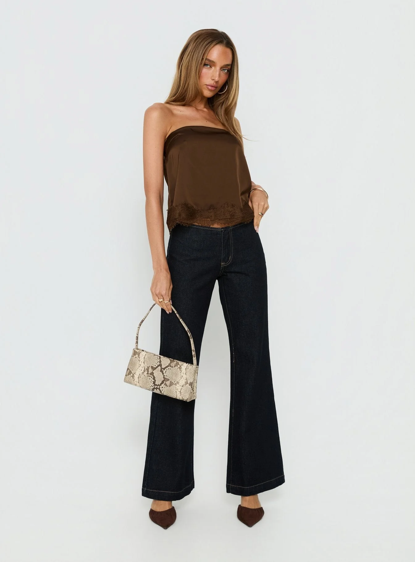 Sheyla Strapless Satin Lace Trim Top Chocolate - Image 2