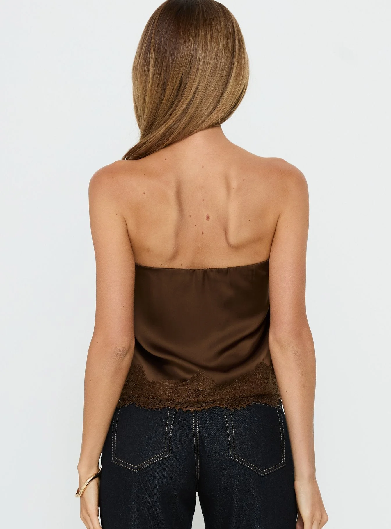 Sheyla Strapless Satin Lace Trim Top Chocolate - Image 4