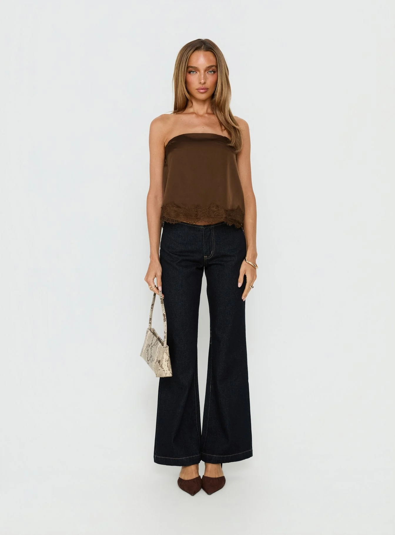 Sheyla Strapless Satin Lace Trim Top Chocolate - Image 7