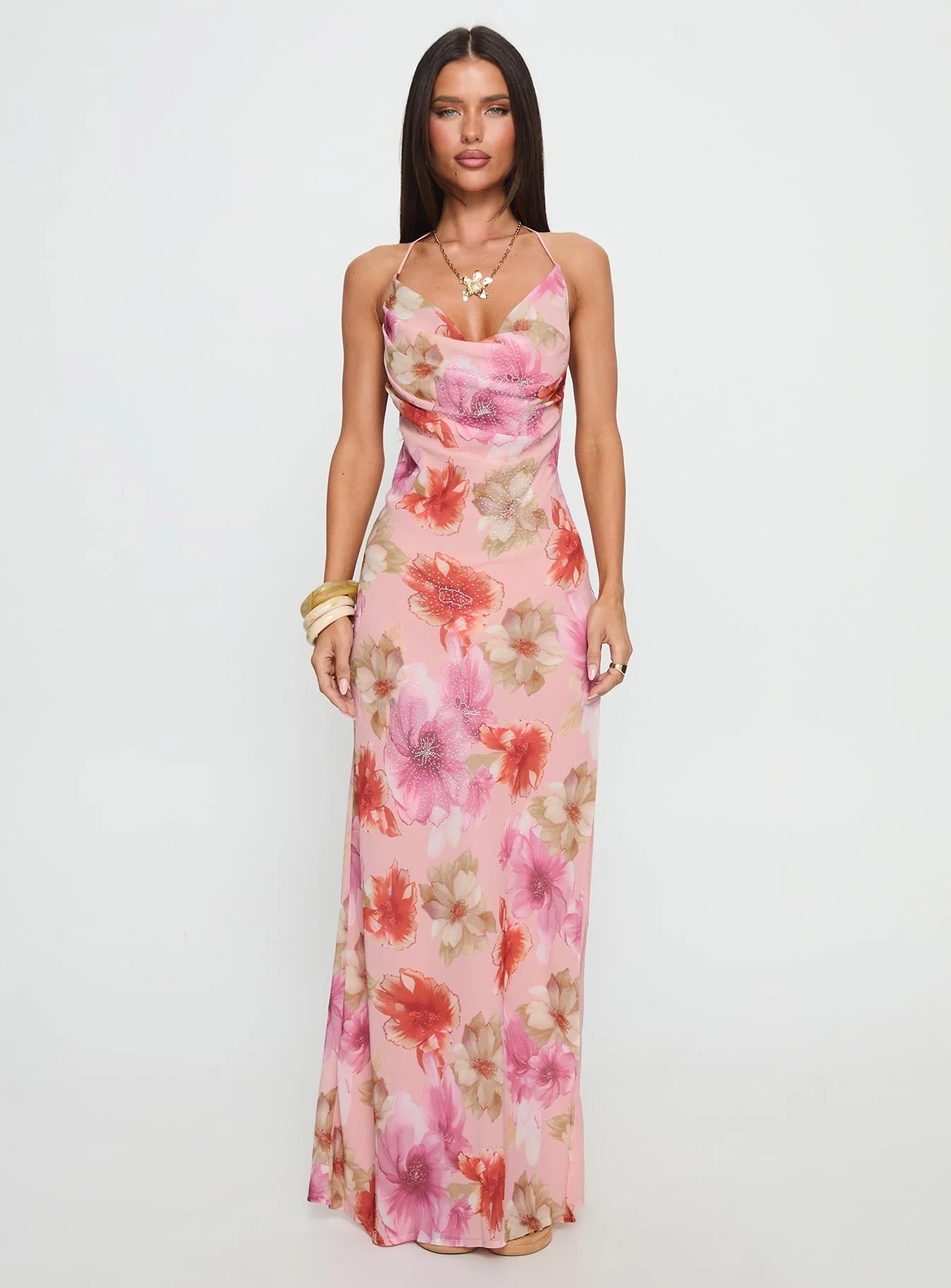 Sibellah Beaded Cowl Neck Maxi Dress Pink Multi - Image 7