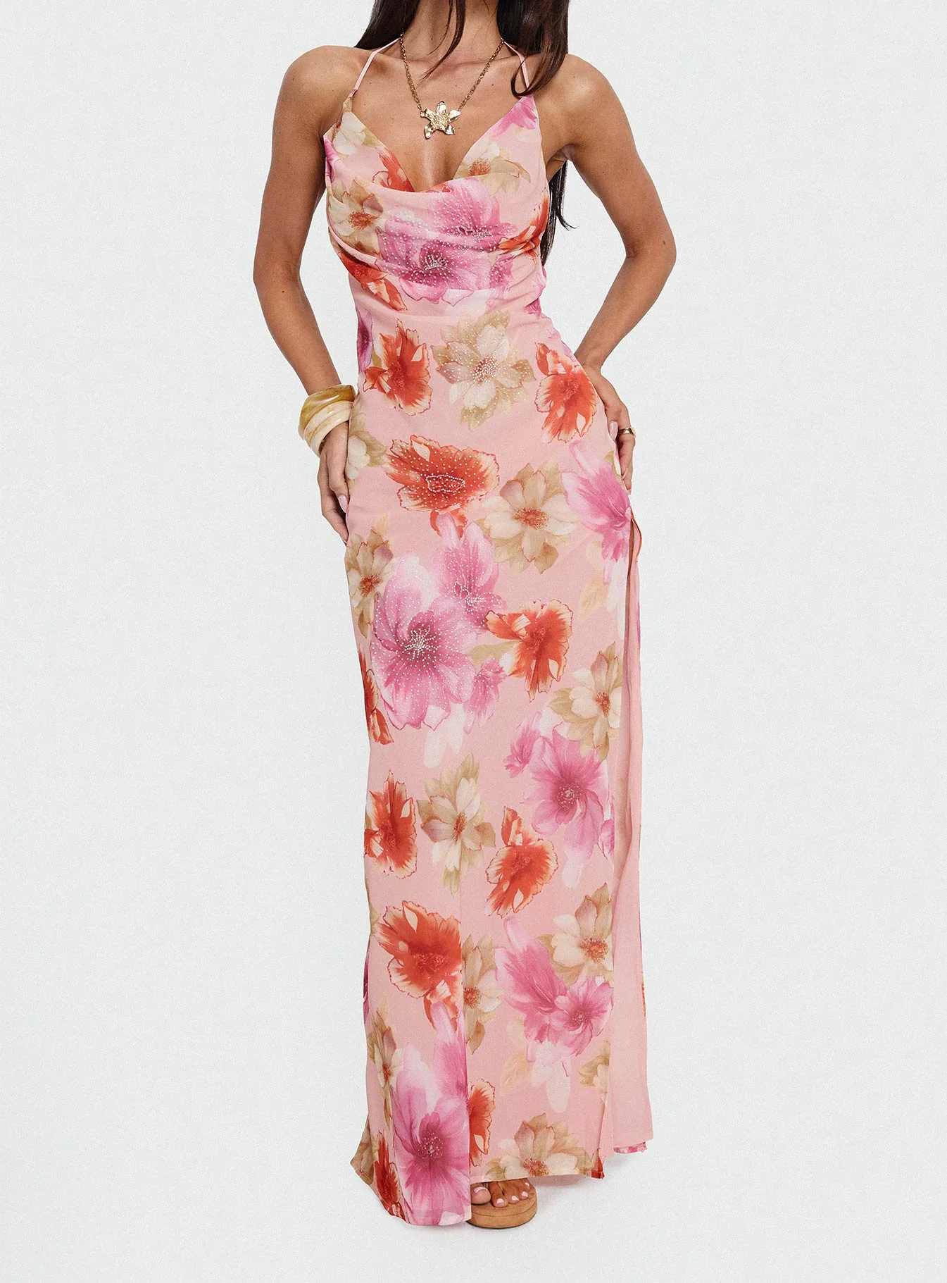 Sibellah Beaded Cowl Neck Maxi Dress Pink Multi - Image 8