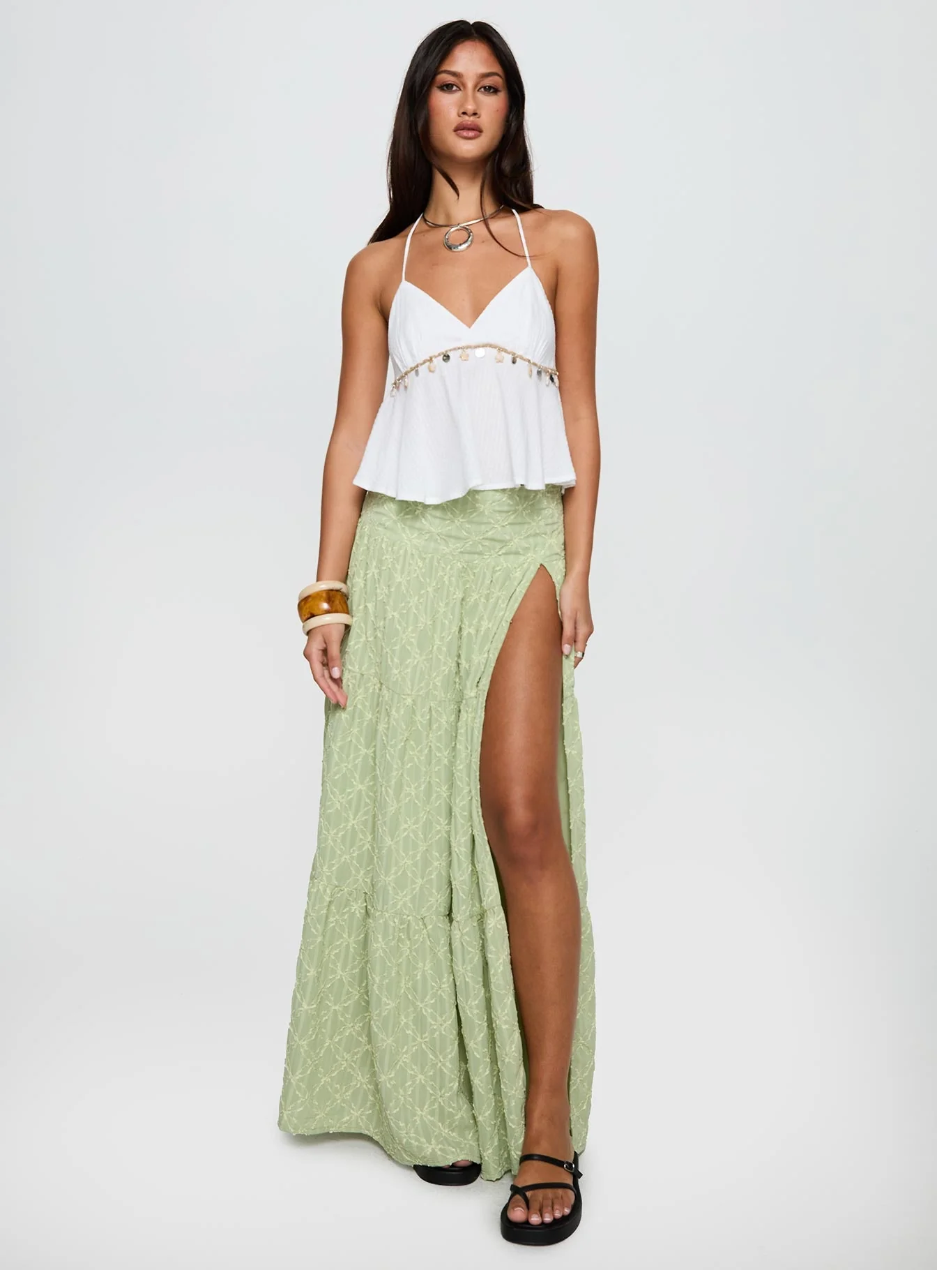 Silver Soul Embroidered Maxi Skirt Sage - Image 2