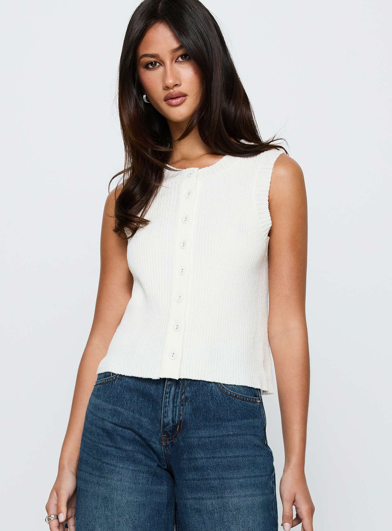 Simie Button Front Rib Top White - Image 2