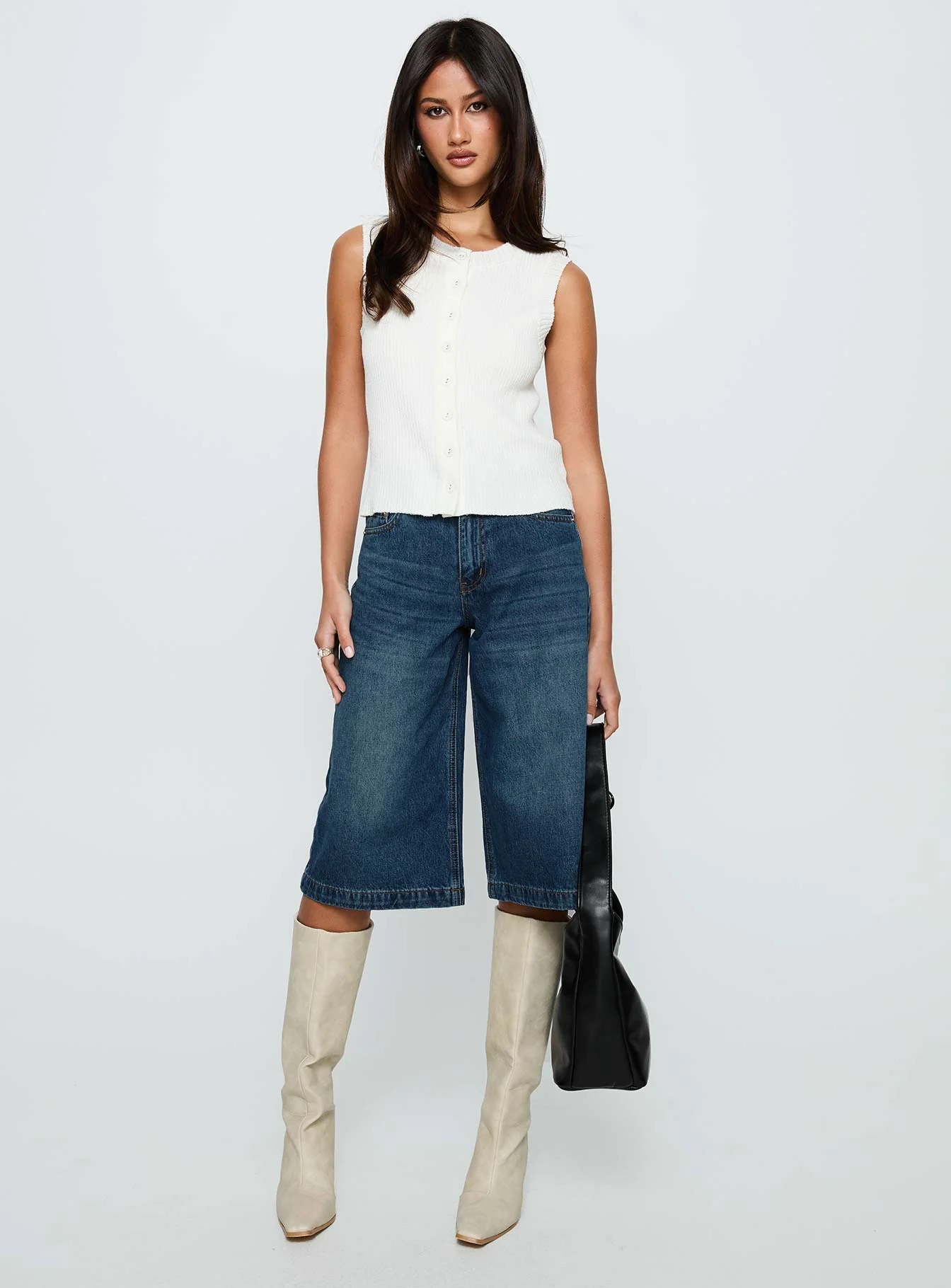 Simie Button Front Rib Top White - Image 3