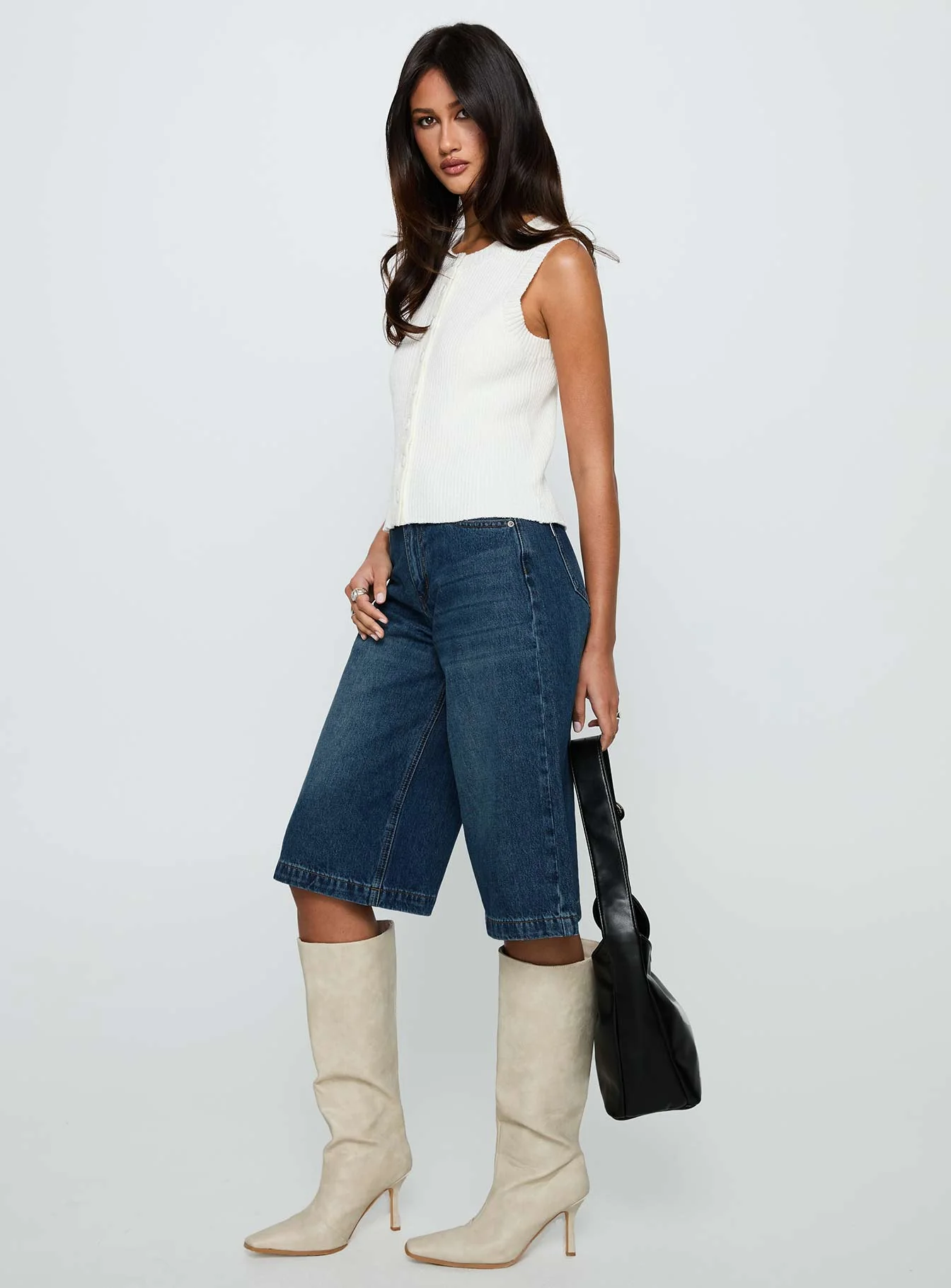 Simie Button Front Rib Top White - Image 4