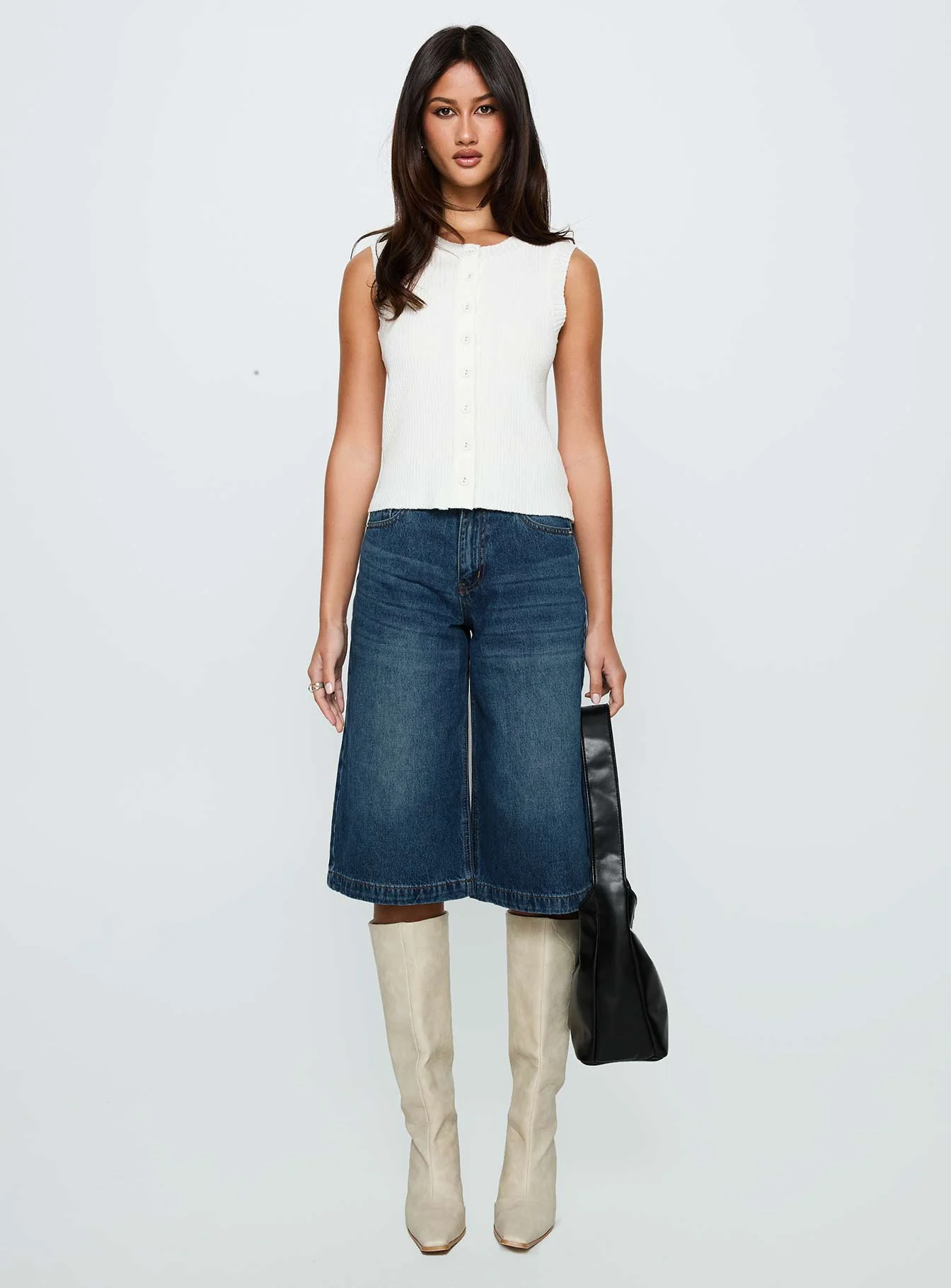 Simie Button Front Rib Top White - Image 7