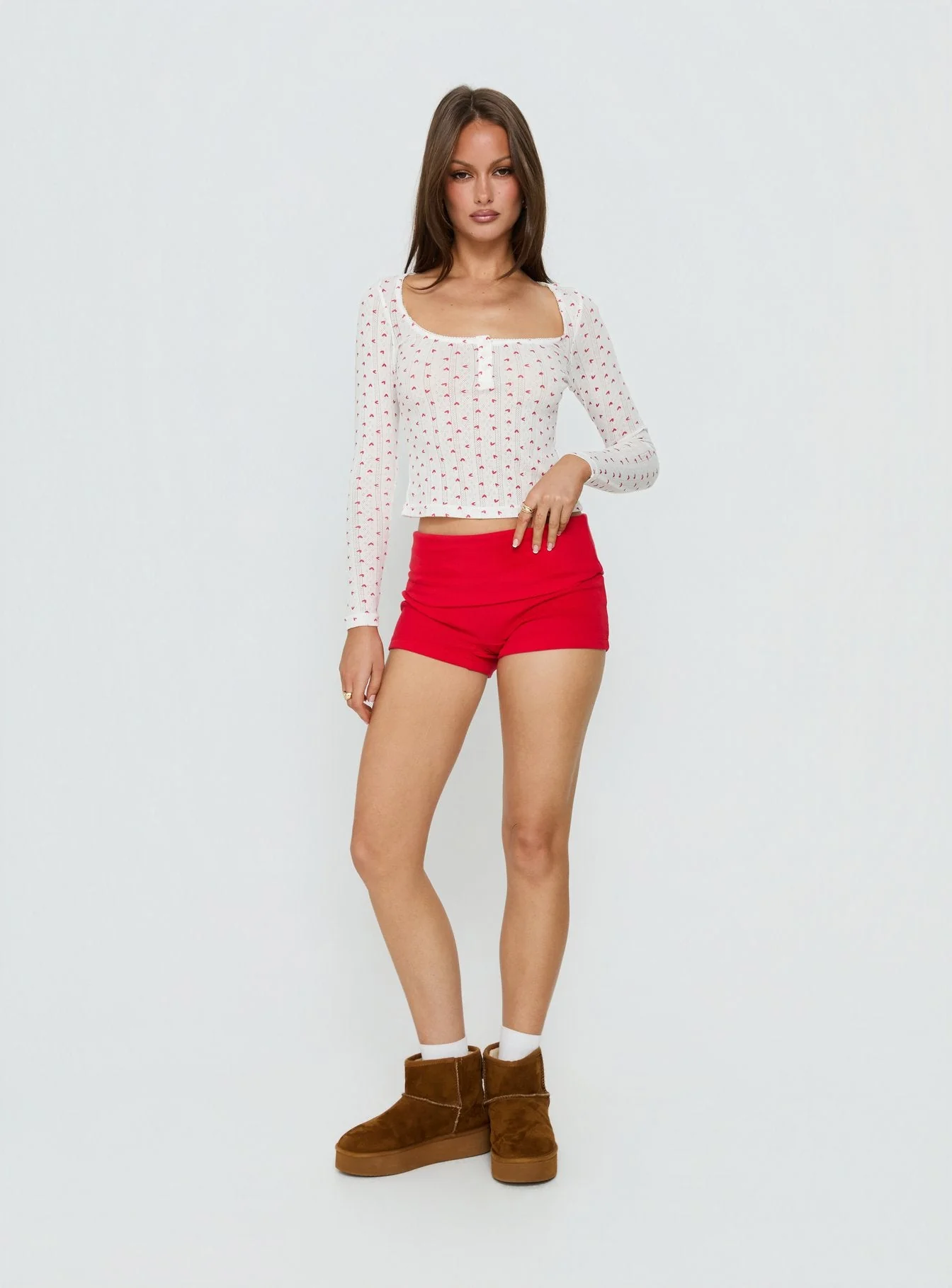 Sleepytea Pointelle Sleep Long Sleeve Top White / Red - Image 2