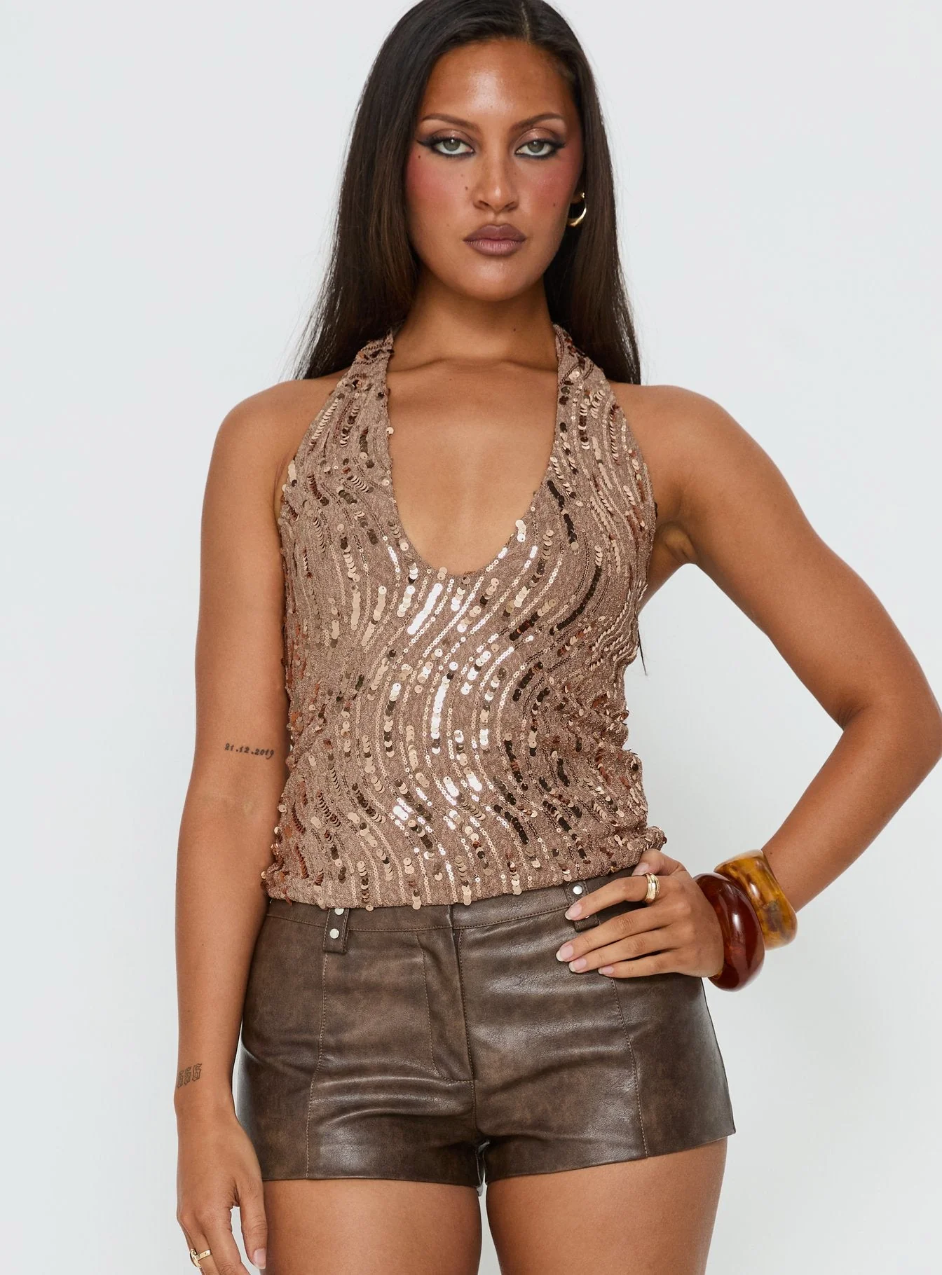 Slone Sequin Halter Top Gold Shimmer - Image 2