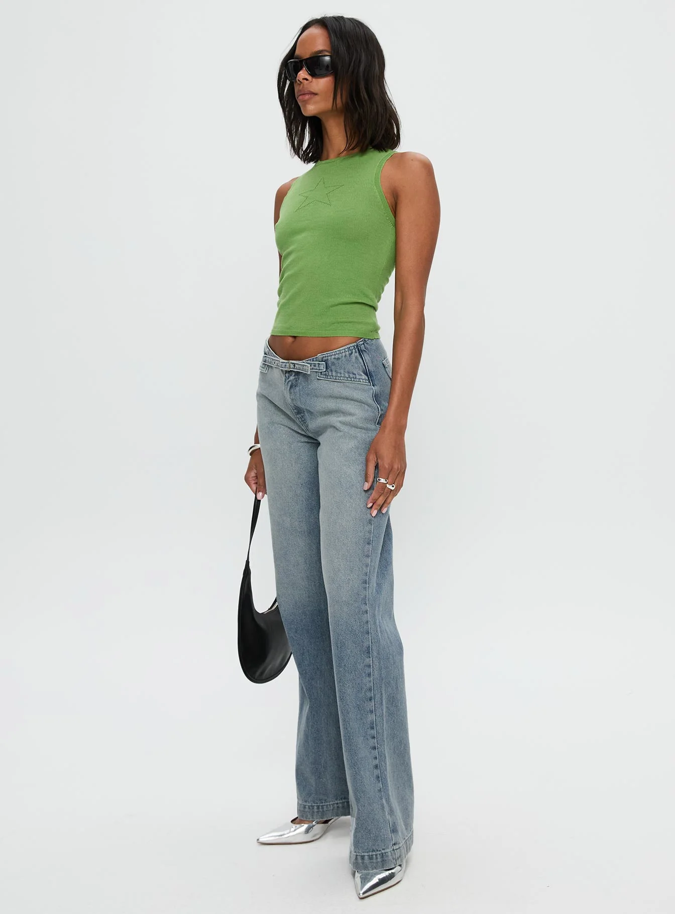 Slow Ride Mid Rise Bootleg Belted Jeans Light Blue - Image 4