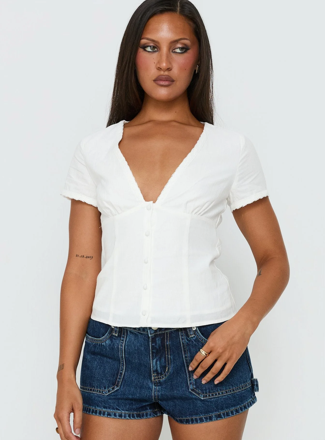 Small Fortune Lace Trim Short Sleeve Blouse Top White - Image 2