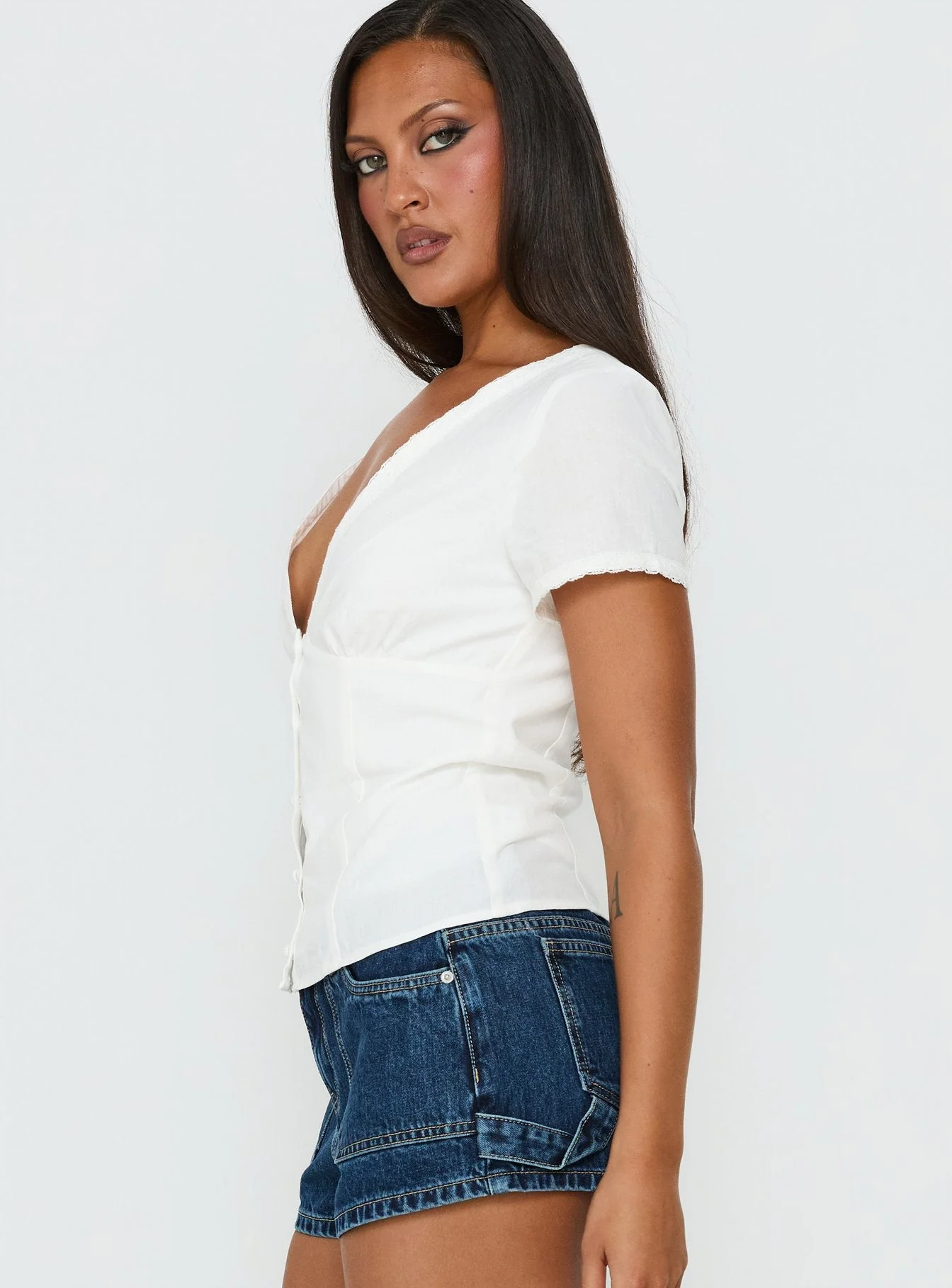 Small Fortune Lace Trim Short Sleeve Blouse Top White - Image 4