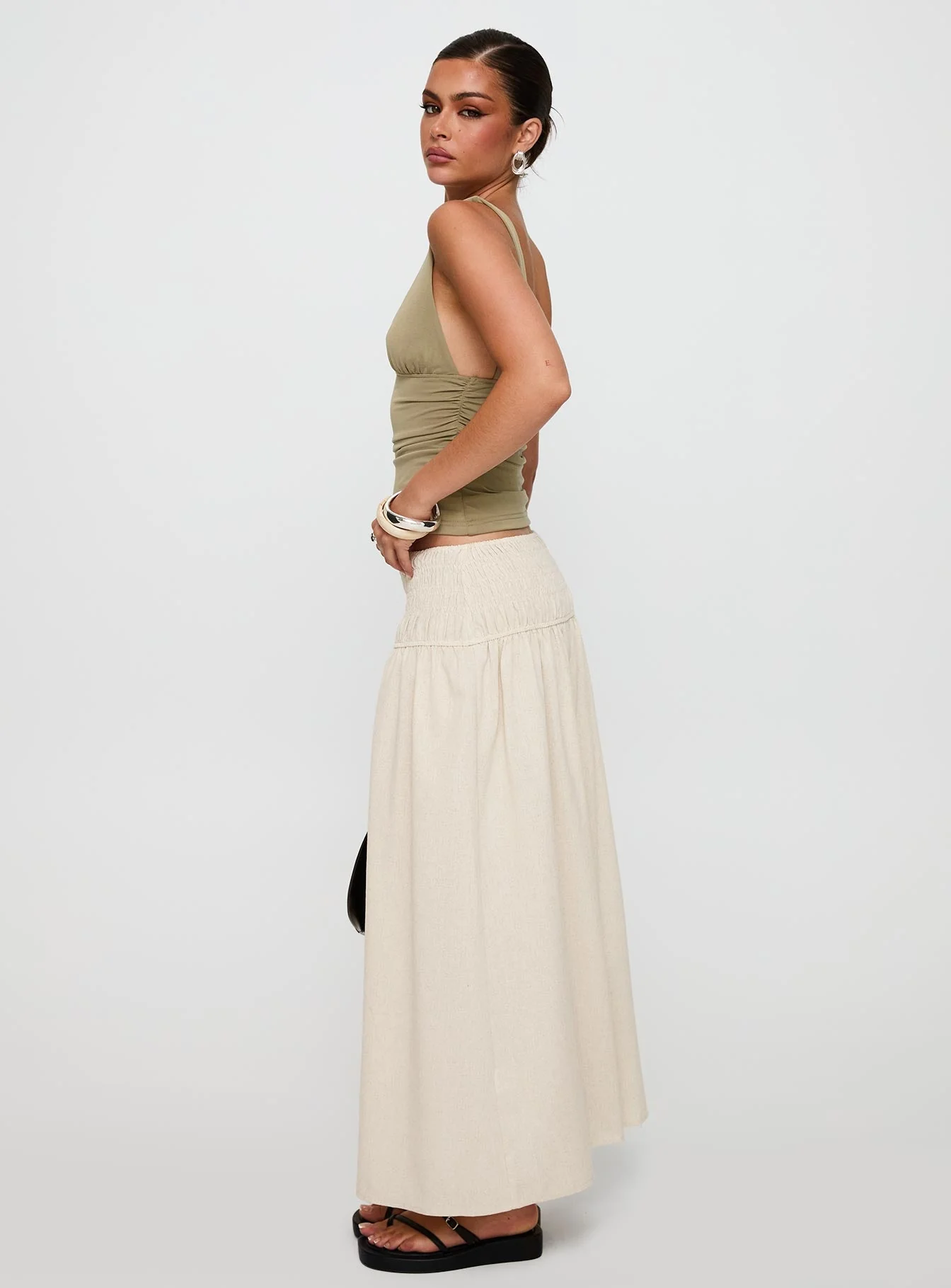 Small Towns Shirred Midi Skirt Beige - Image 3