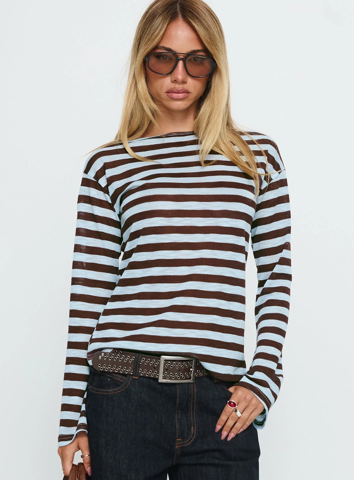 So Composed Boat Neck Long Sleeve Top Blue Stripe - Image 2