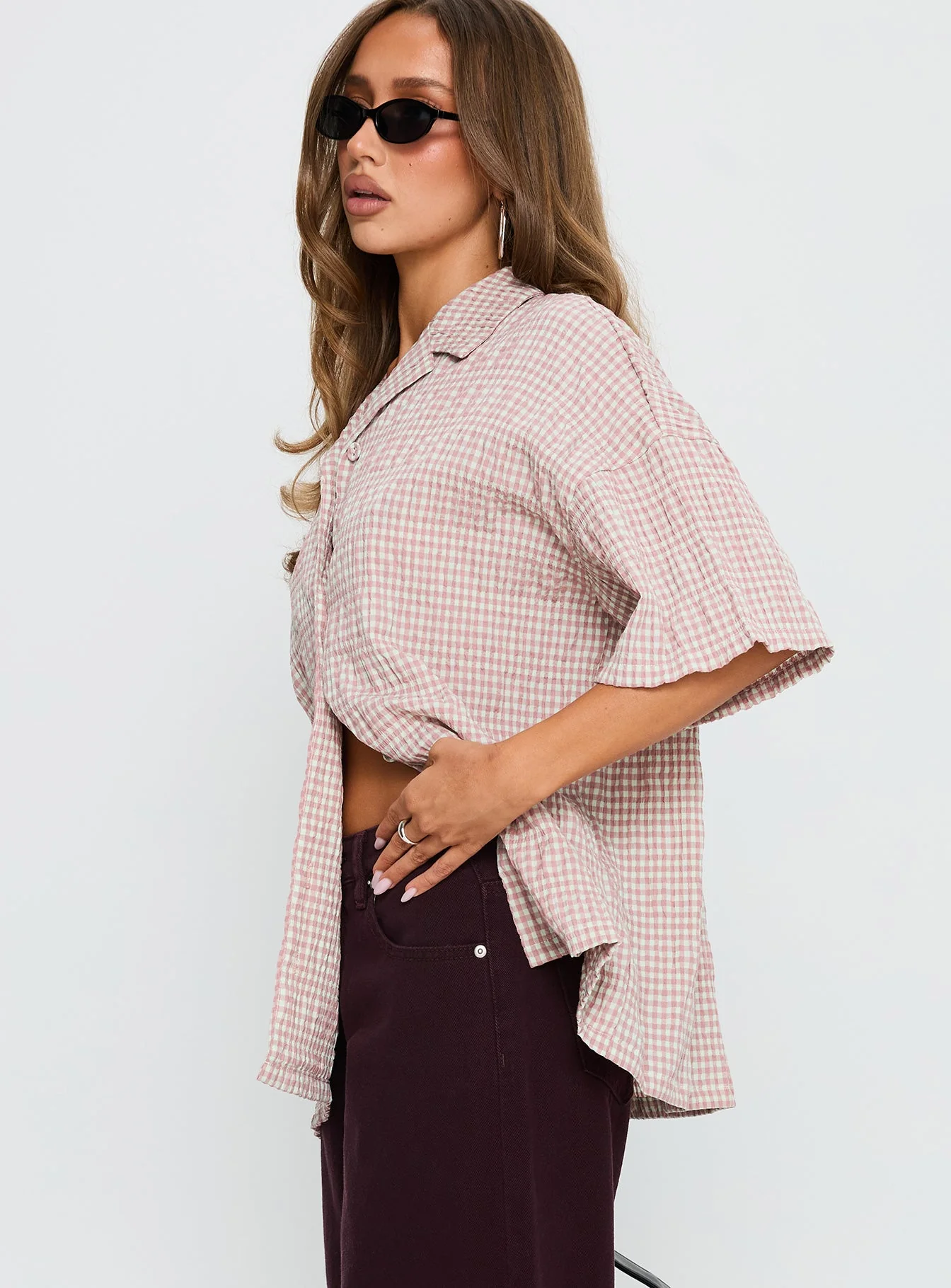 Soft Side Oversized Button Up Top Pink Check - Image 3