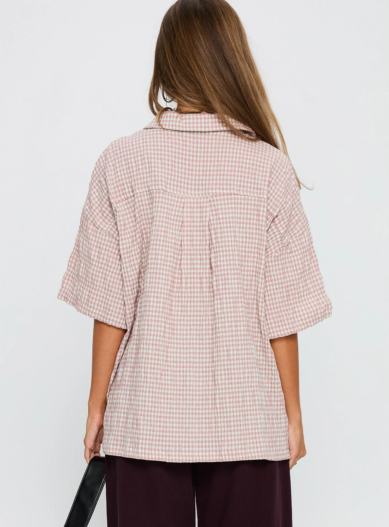 Soft Side Oversized Button Up Top Pink Check - Image 4