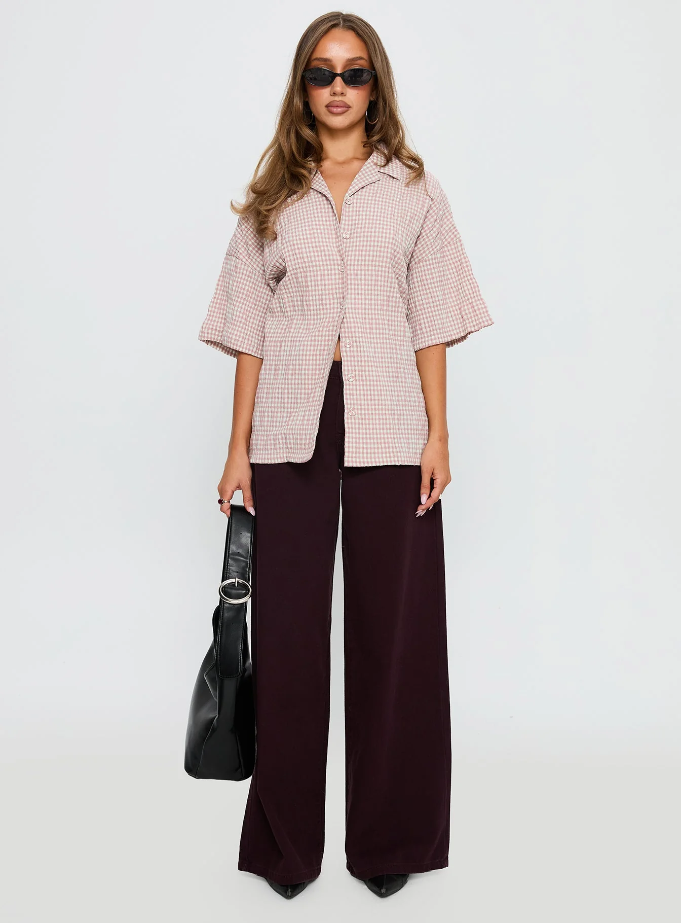 Soft Side Oversized Button Up Top Pink Check - Image 6