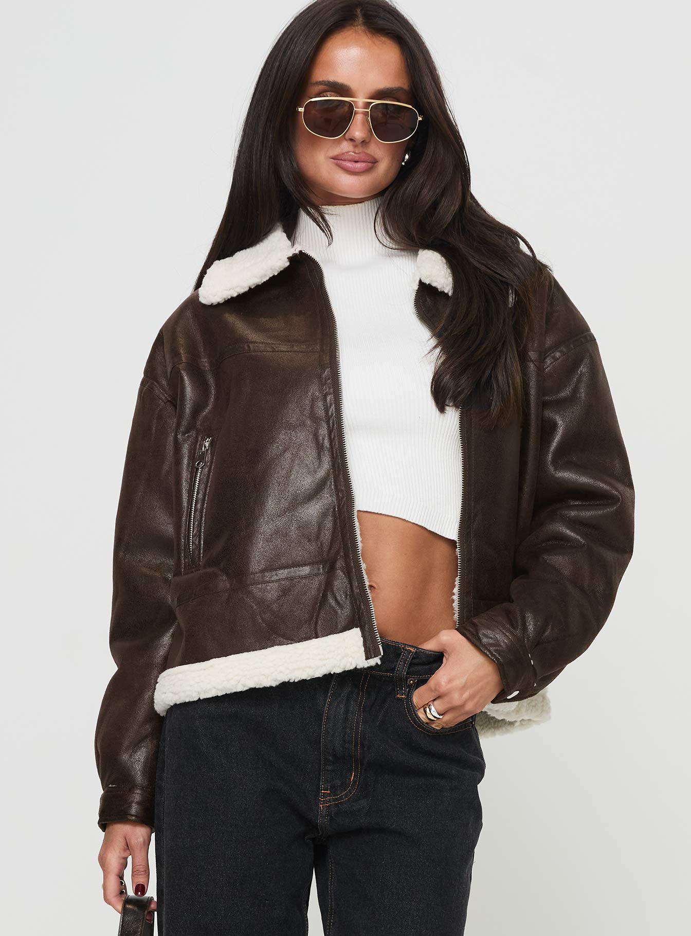 Solara Faux Leather Shearling Jacket Chocolate - Image 2