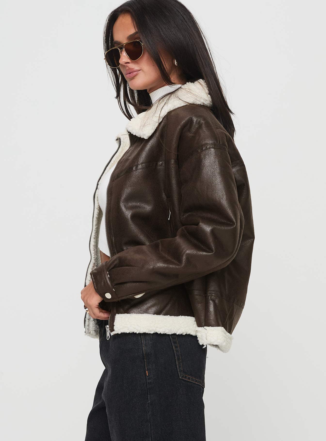 Solara Faux Leather Shearling Jacket Chocolate - Image 4