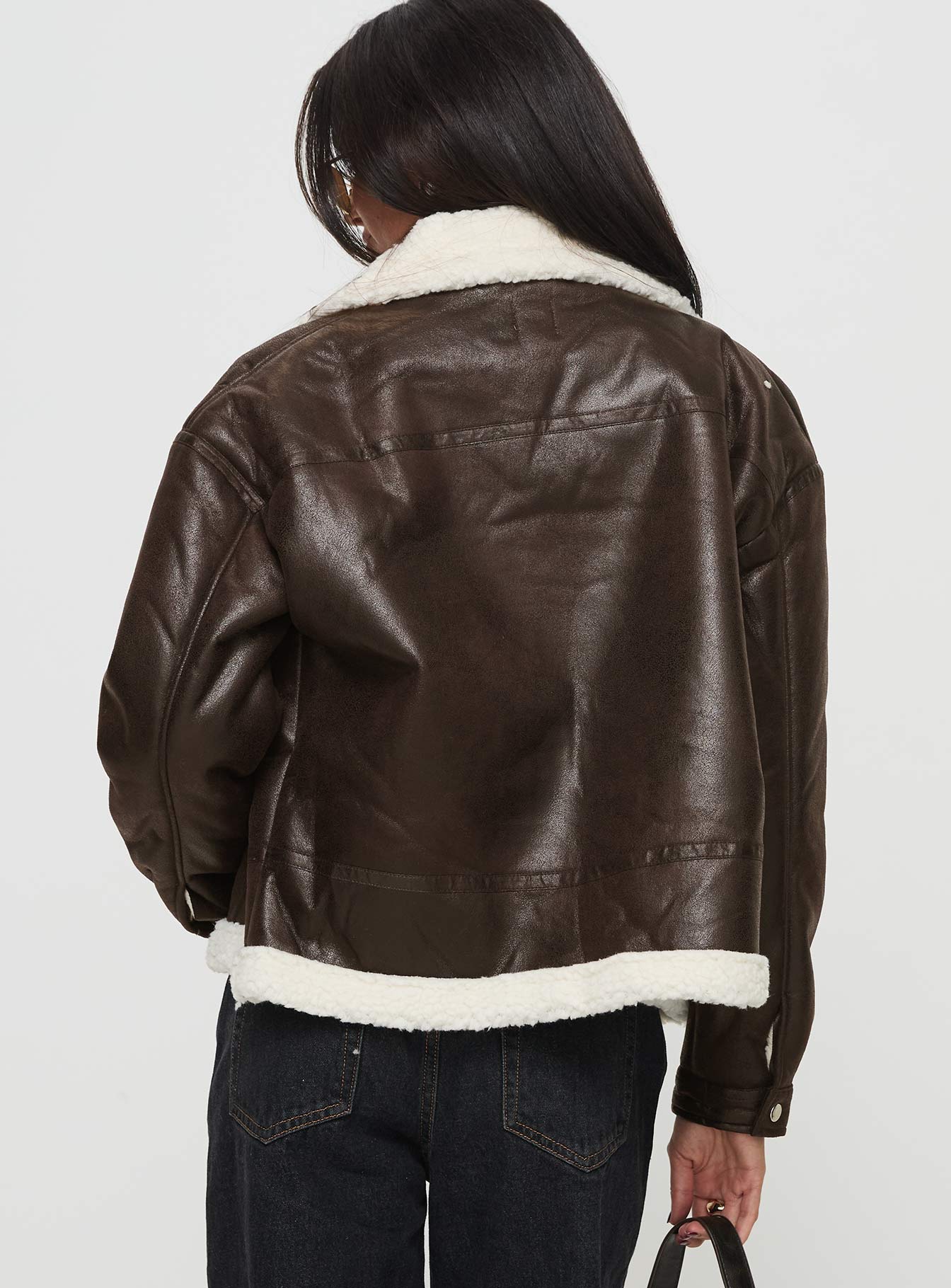 Solara Faux Leather Shearling Jacket Chocolate - Image 5