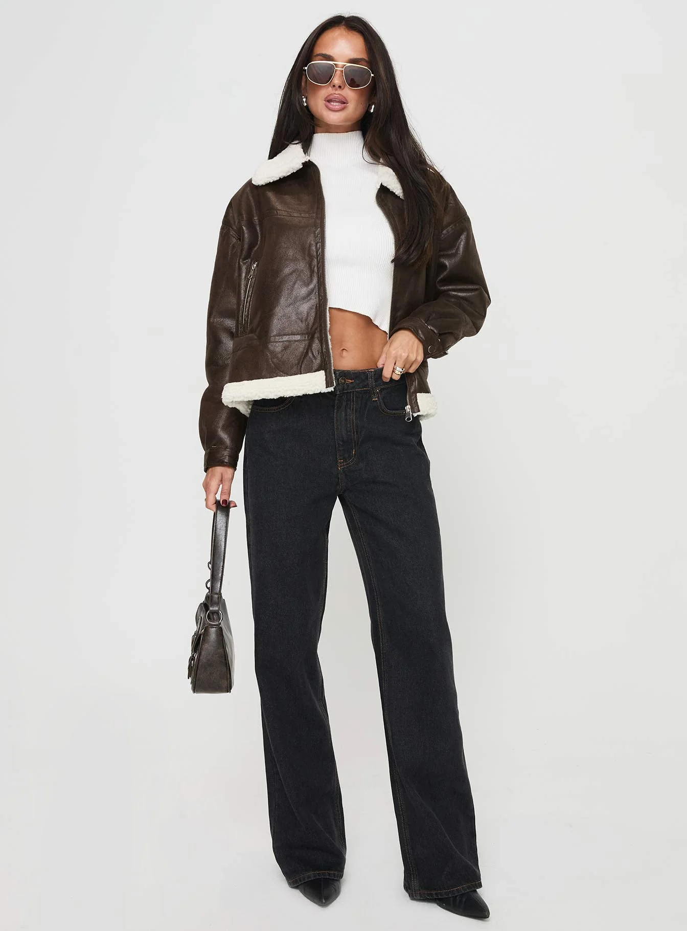 Solara Faux Leather Shearling Jacket Chocolate Petite - Image 3