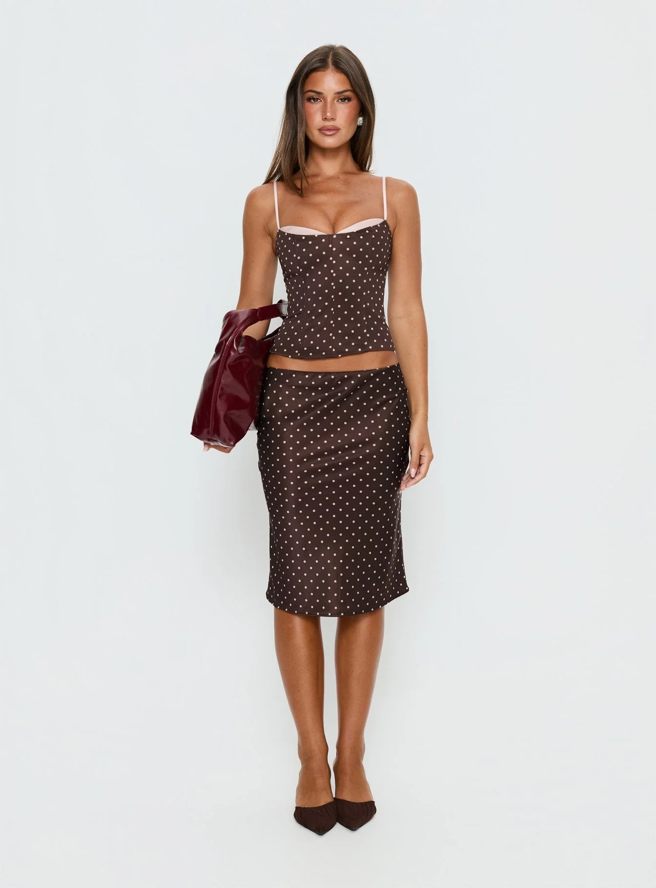 Somani Satin Midi Skirt Brown / Pink Polka Dot - Image 2