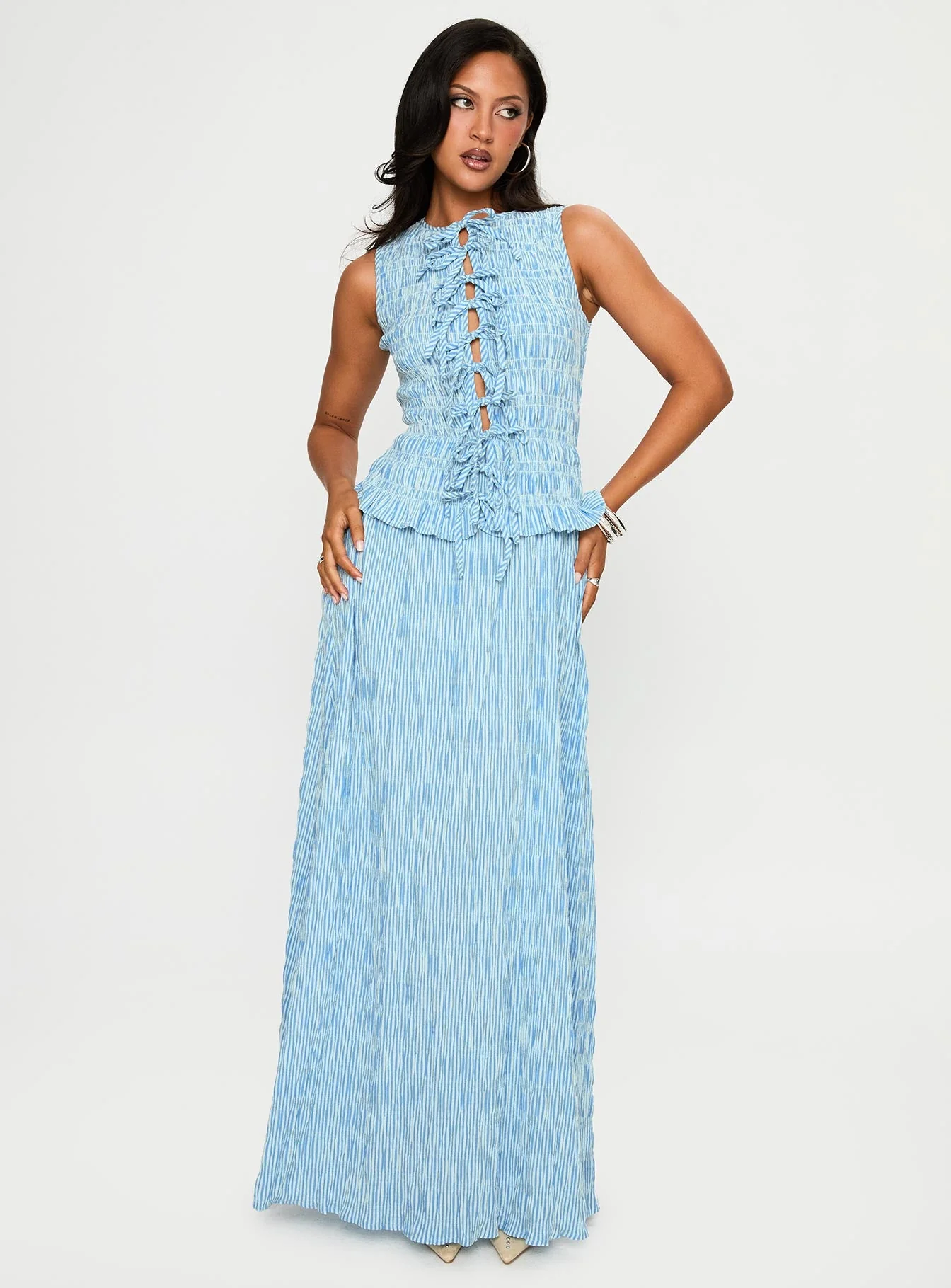 Songbird Shirred Maxi Dress Blue - Image 2