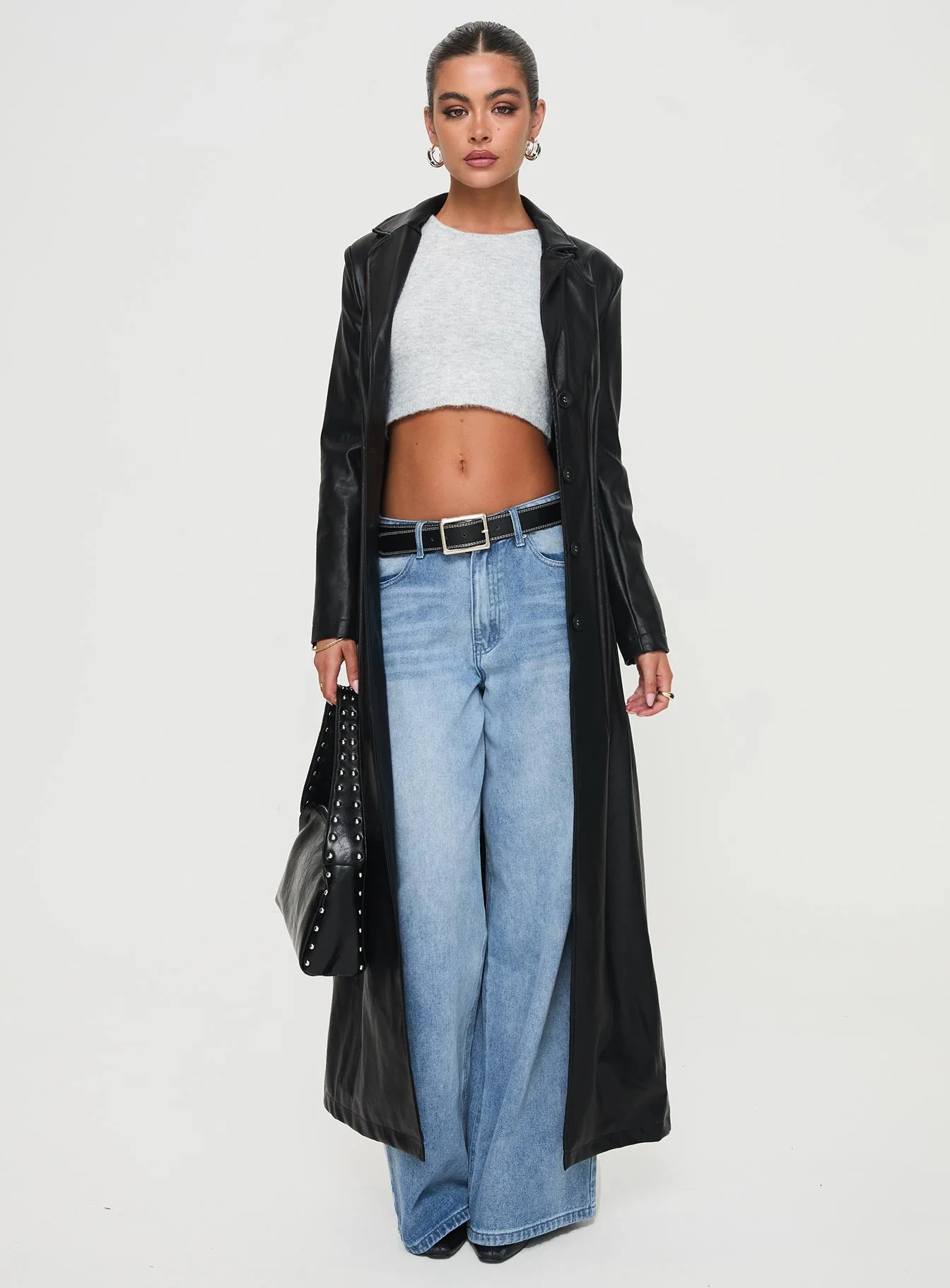 Speak Easy Long Line Faux Leather Coat Black - Image 3
