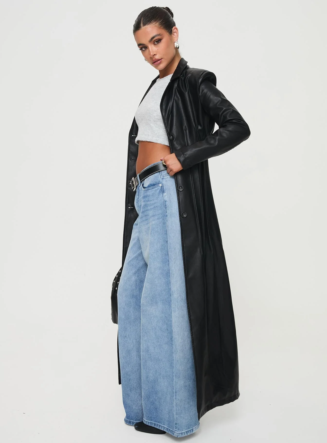 Speak Easy Long Line Faux Leather Coat Black - Image 4