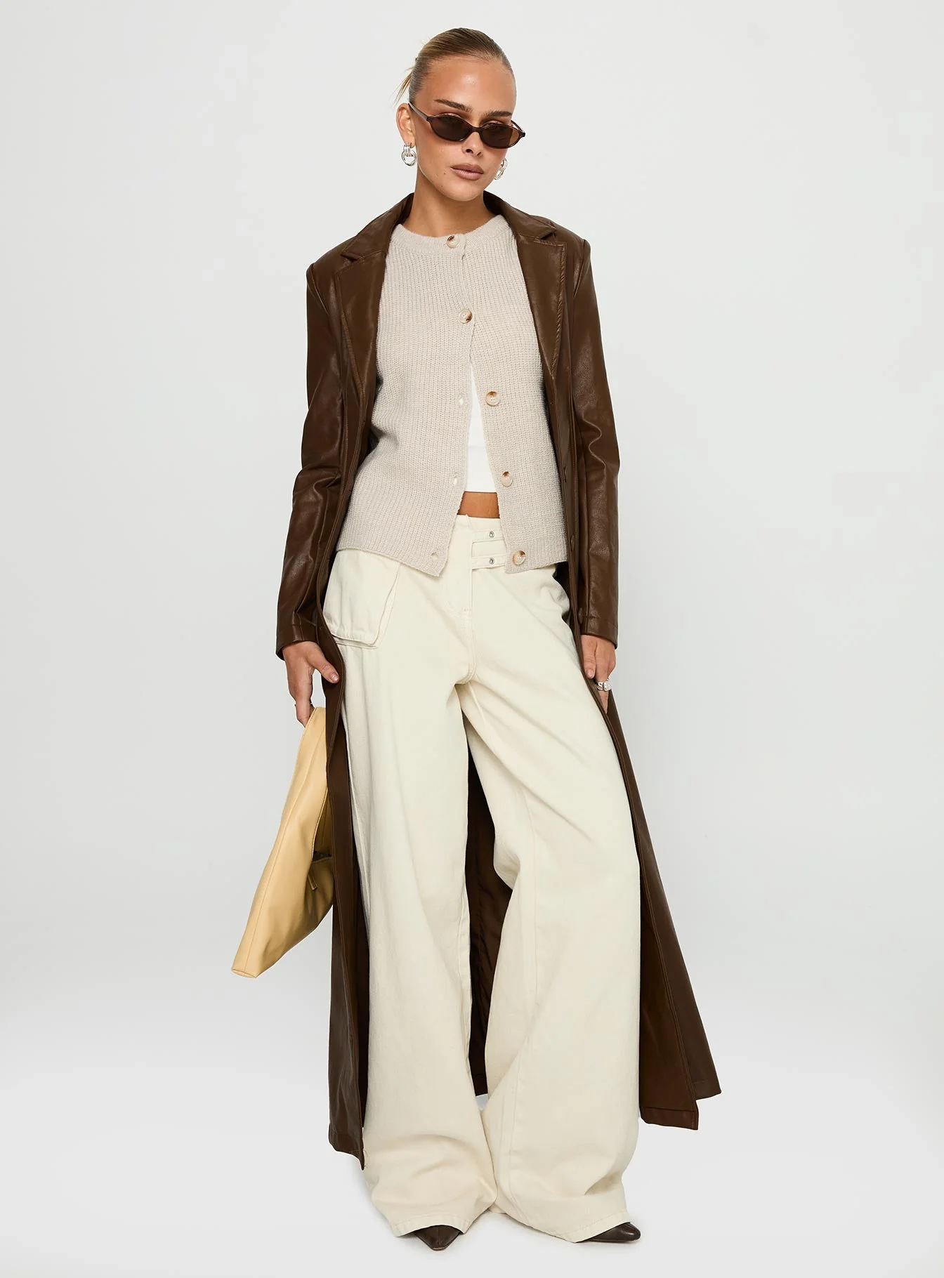 Speak Easy Long Line Faux Leather Coat Brown - Image 2